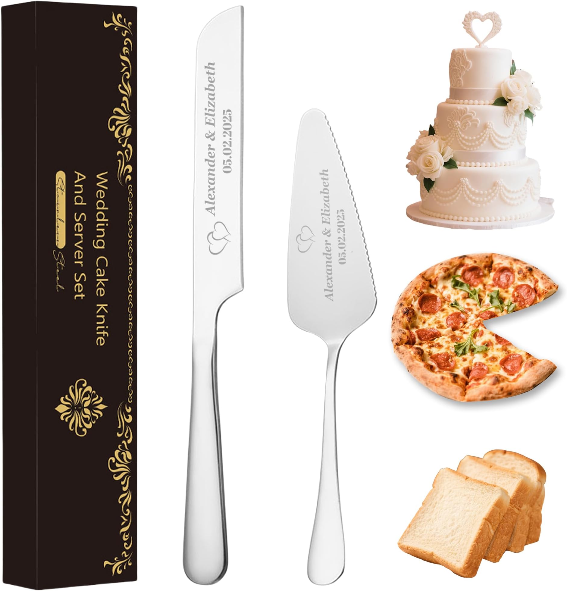 Personalized Wedding Cake Knife & Server Set with Custom Engraved Names, Elegant Stainless Steel Bridal Cake Cutting Set for Wedding, Anniversary, Birthday, Graduation Gifts