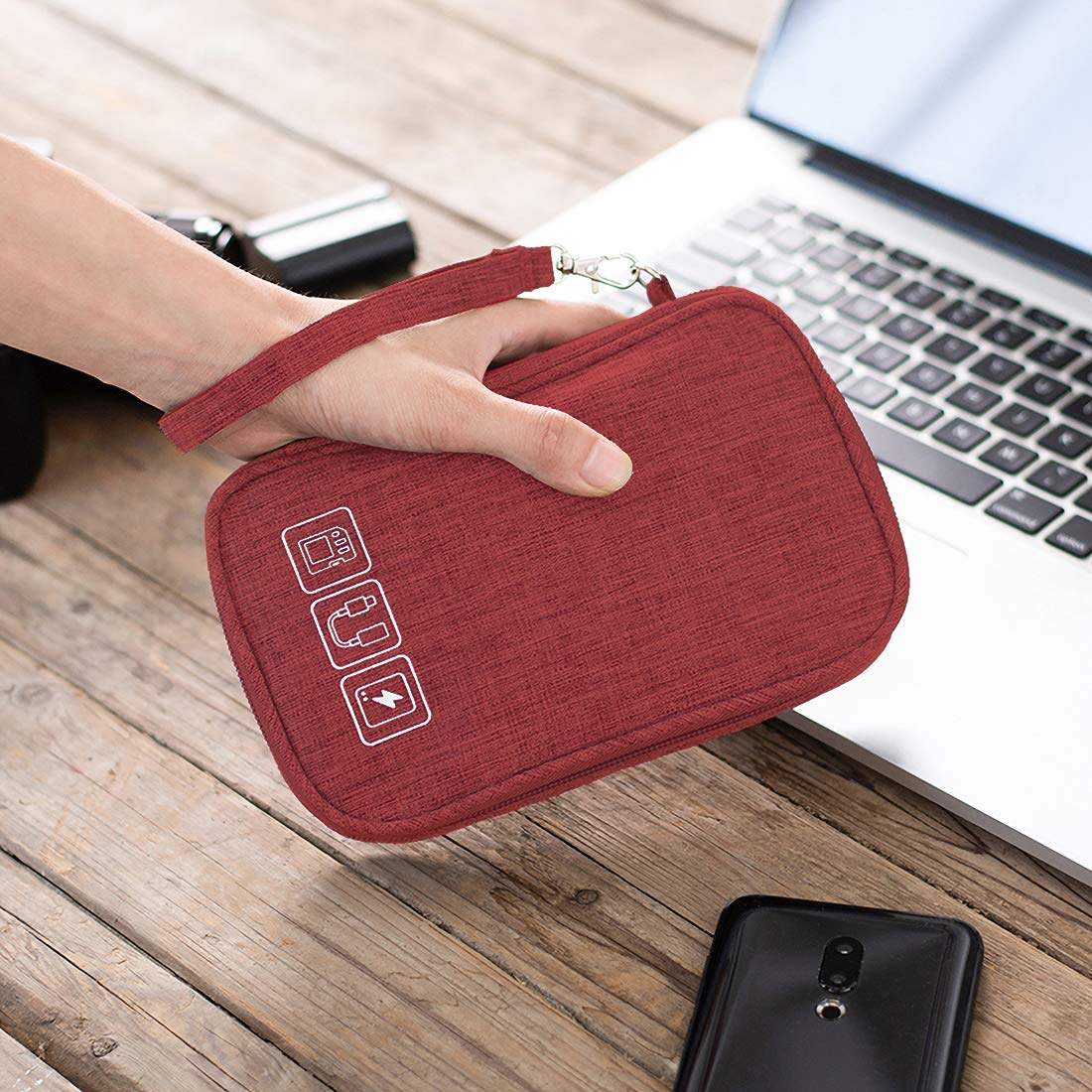 Sac De Rangement Câbles Et Accessoires Électroniques 19x11x5.5 Cm - Portable, Imperméable, Organisateur Double Poches - 7