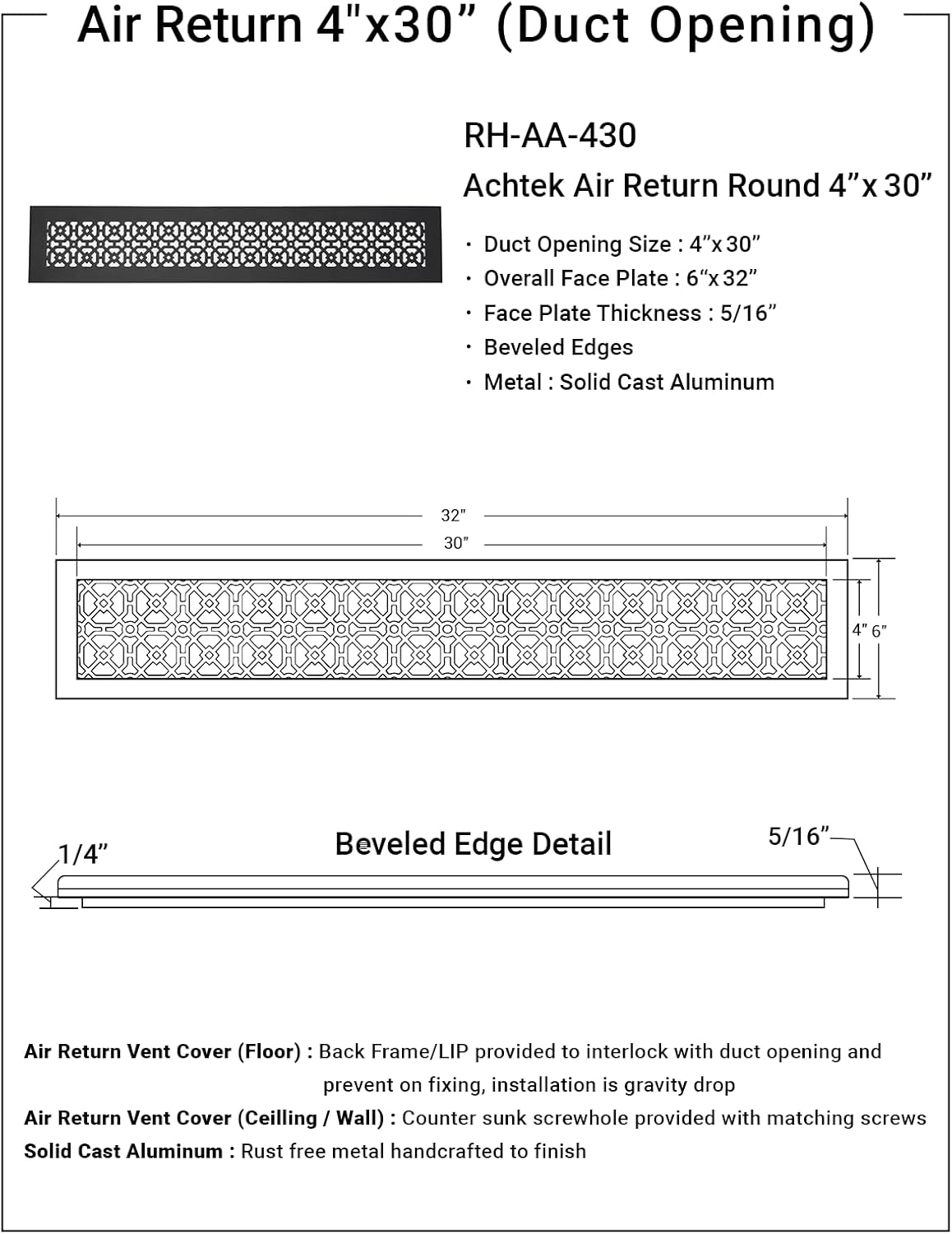 Achtek 4"x30" Duct (6"x32" Overall Size) Solid Cast Aluminum HVAC Air Return Grill Vent Cover | Powder Coated | for Floor-Black Without Screw Holes