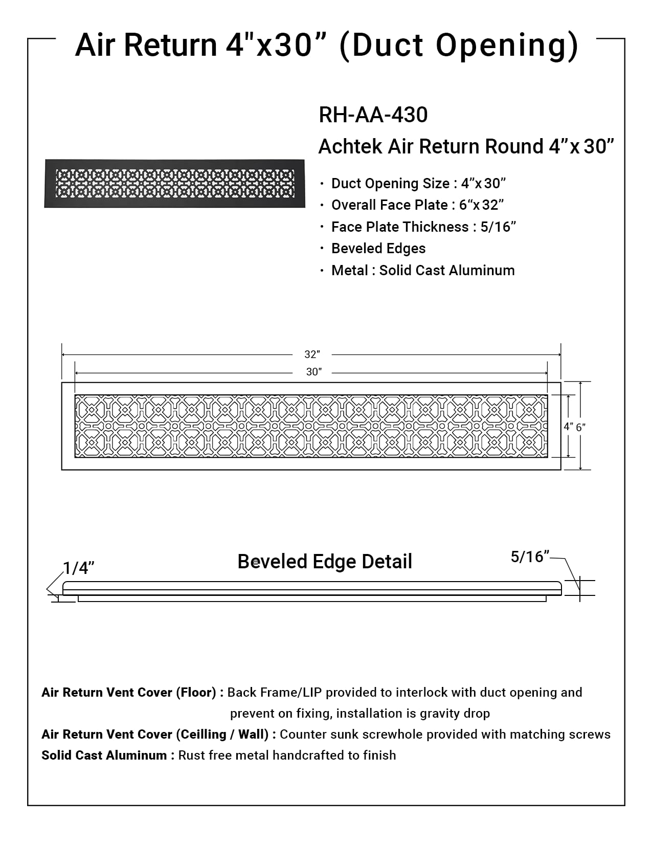 Achtek - Griglia di ritorno dell'aria per griglia di ritorno dell'aria HVAC, 10,2 x 76,2 cm (15,2 x 81,3 cm, dimensioni complessive: 15,2 x 81,3 cm), in alluminio pressofuso massiccio, rivestimento a | Artigianato