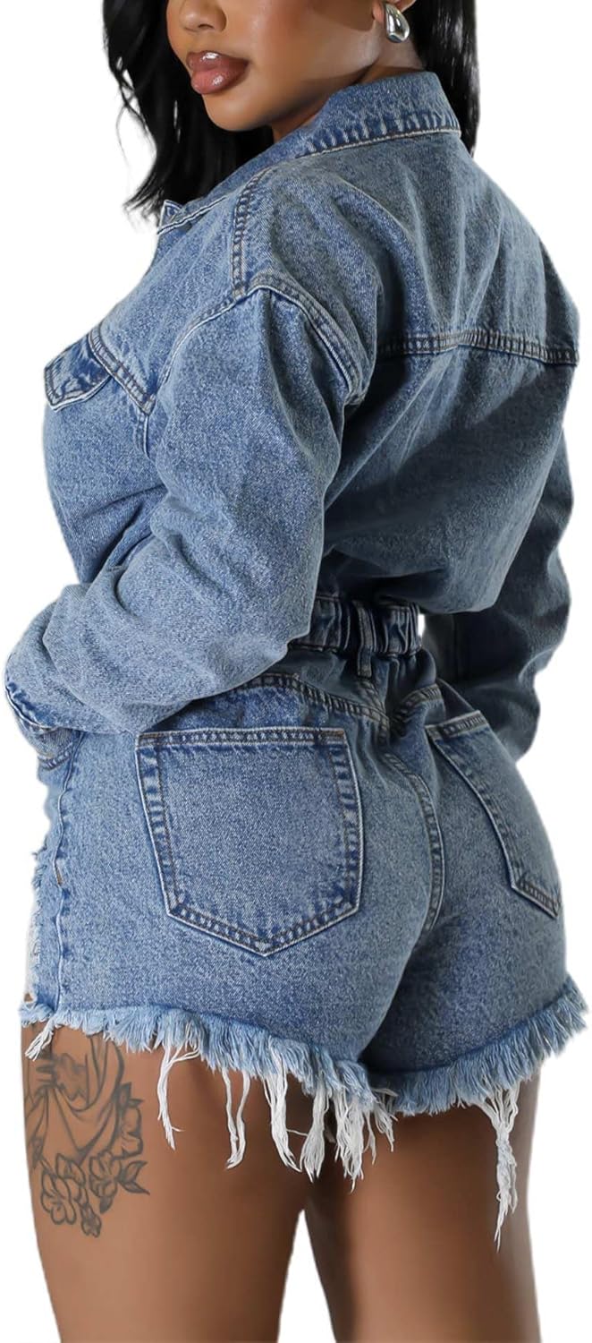 xxxiticat Women's Denim Rompers Long Sleeve Turn Down Collar Elastic Button Down Ripped Tassel Shorts One Piece Jumpsuit - Image 2