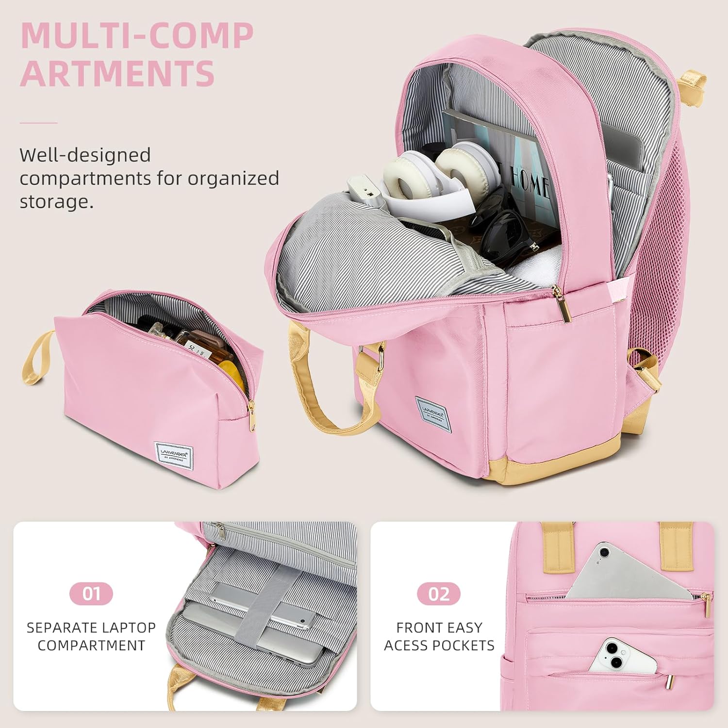 LARVENDER Luggage Sets 3 Piece Expandable Carry on Luggage 22x14x9 Airline Approved Hardshell Suitcase with Wheels TSA Lock, Lightweight Suitcase Set for Women with Travel Backpack, Light Pink - Image 4