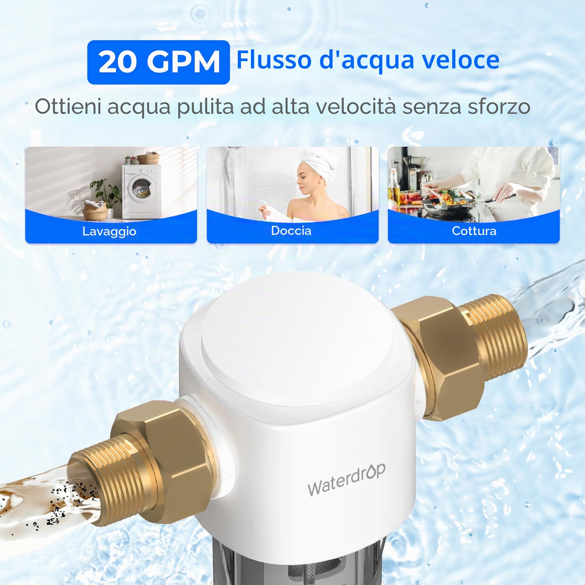 Waterdrop PF01 Filtro Sedimenti Spin Down, 50 Micron | Acqua Riutilizzabile per Tutta la Casa, Prefiltro Lavabile per Acqua di Rete e Acqua di Pozzo, 1" MNPT + 3/4" FNPT