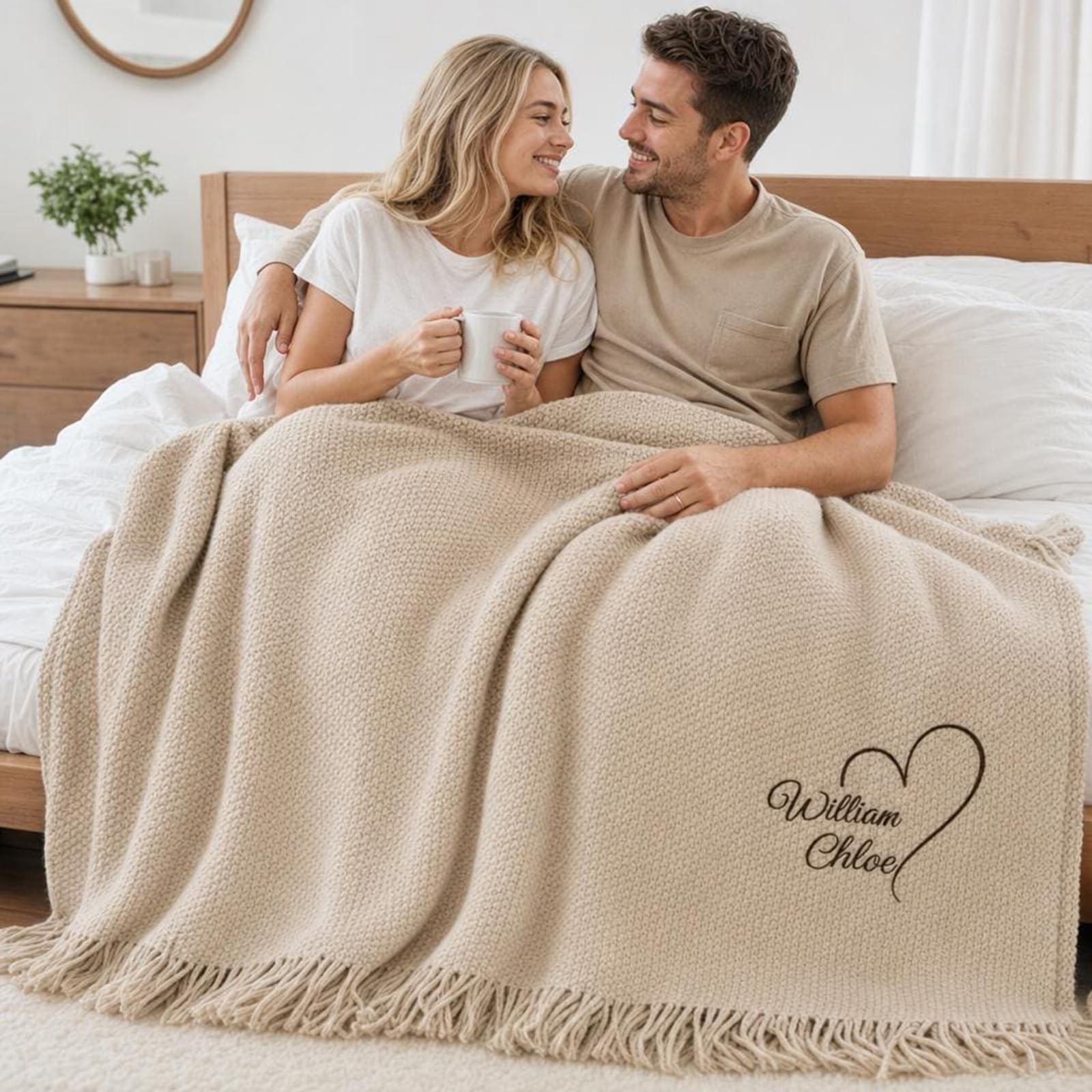 Manta bordada personalizada para boda, regalo de inauguración de la casa para parejas casadas, regalo para el hogar de recién casados, manta de punto con borlas, regalo para matrimonio (150