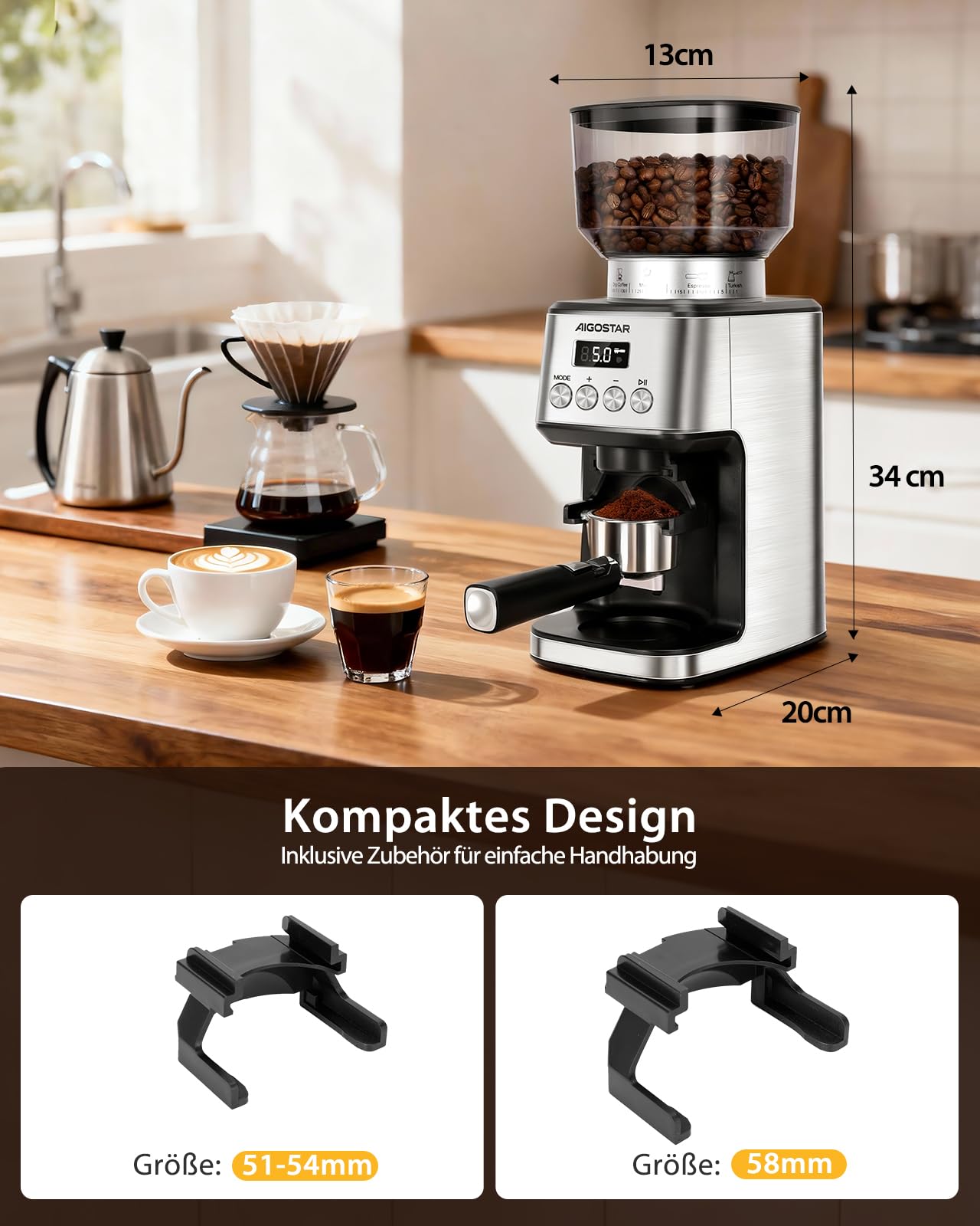 Aigostar Elektrisch Kaffeemühle mit 52 Mahleinstellungen, Kegelmahlwerk Geeignet für Espresso, Professionelle Elektrische Kaffeemühle mit Präzisem Digital Display, Edelstahl Coffee Grinder, Silber