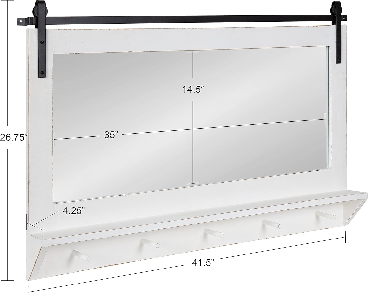 Kate and Laurel Cates Farmhouse Horizontal Pub Mirror with Shelf and Hooks, 42 x 27, White, Decorative Coastal Wall Mirror with Rustic Functional Storage