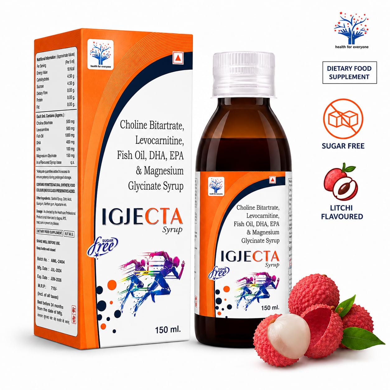 Syrup | Choline Bitartrate, L-Carnitine, Fish Oil, DHA EPA & Magnesium Glycinate Syrup for Kids, Men & Women | Sugar Free Litchi Flavour Neuro Nutrition Syp | Brain, Memory & Focus Support | 150 ml — Amazon image 2