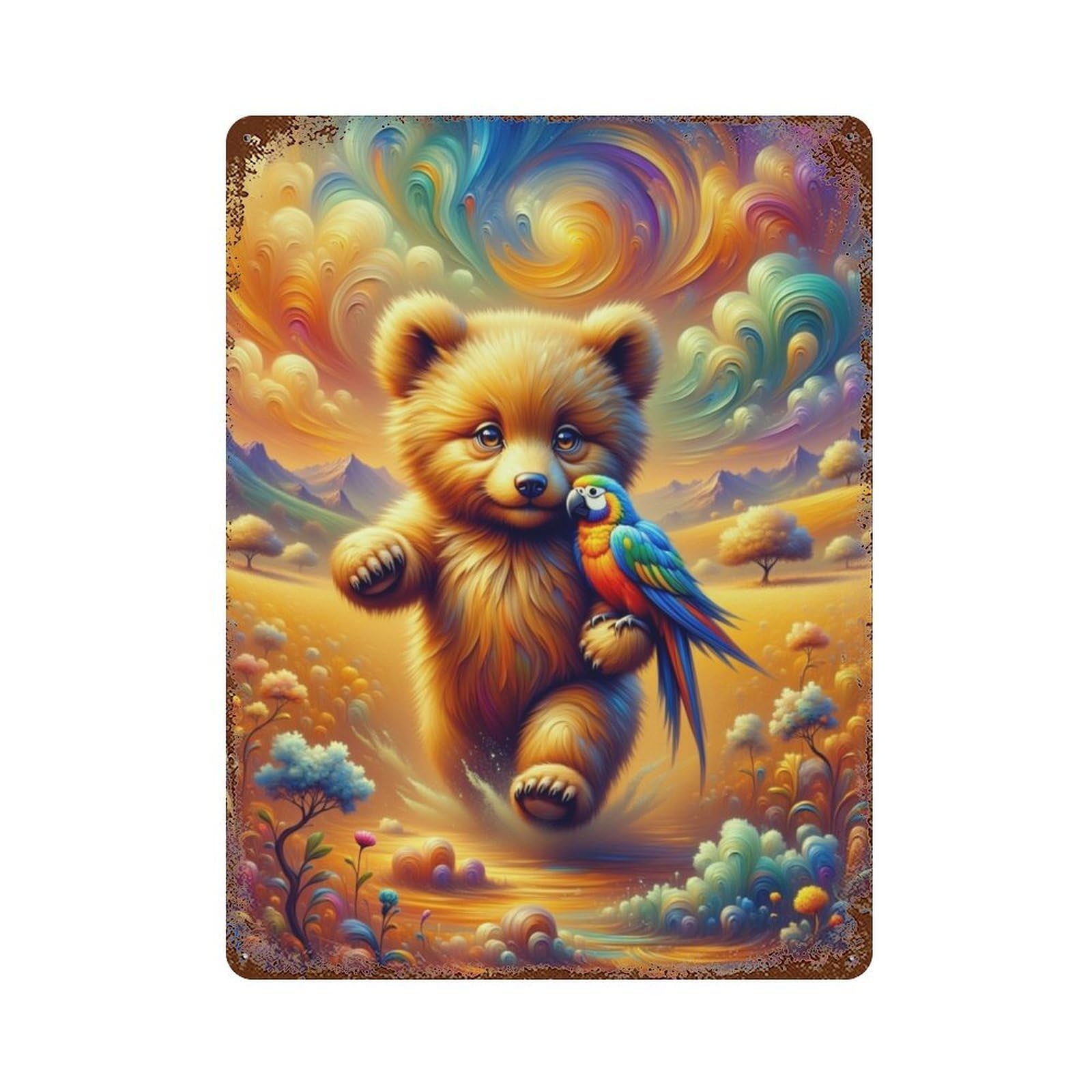 Fantasy Bear & Parrot Artwork Rustic Tin Plaque 15.7"x11.8", Rustic Home Decor for Office, Studio And Wall Decor