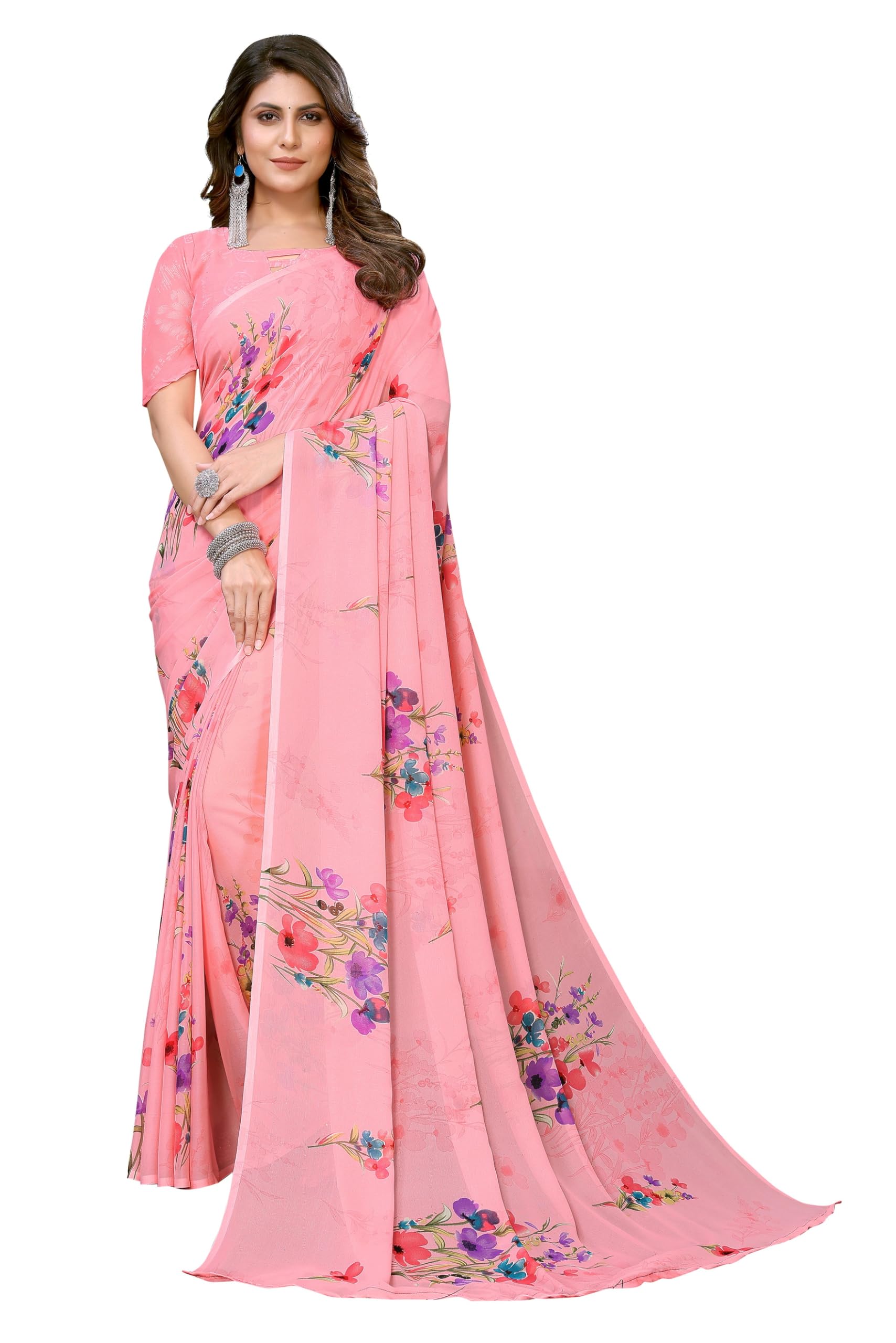 YashikaWomen's Trendy Printed Georgette Purple Color Saree with Blouse Material
