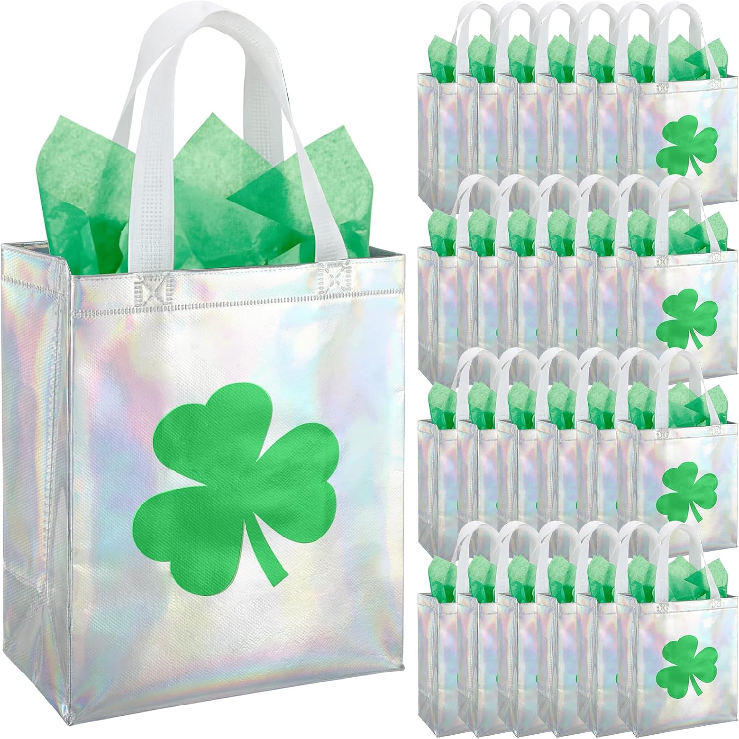 HunnmingRe 49 Pcs St Patrick's Day Gift Bags Bulk Set 24 Clover Treat Tote Bag Irish Shamrock Non Woven Bags 25 Tissue Paper for St Patrick's Party Favors (9.84 x 7.87 x 3.94 Inches,Vibrant Colors)