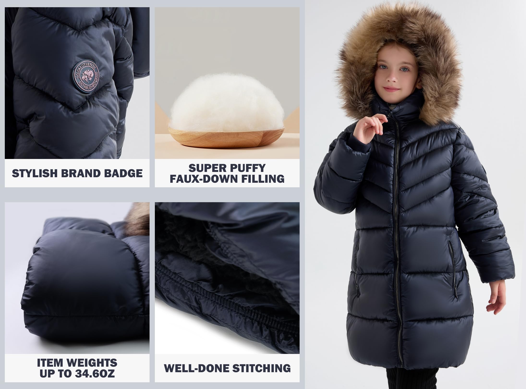 SOLOCOTE Abrigo de invierno acolchado para niñas con capucha de piel sintética, forrado de sherpa, parka resistente al agua y de gran peso