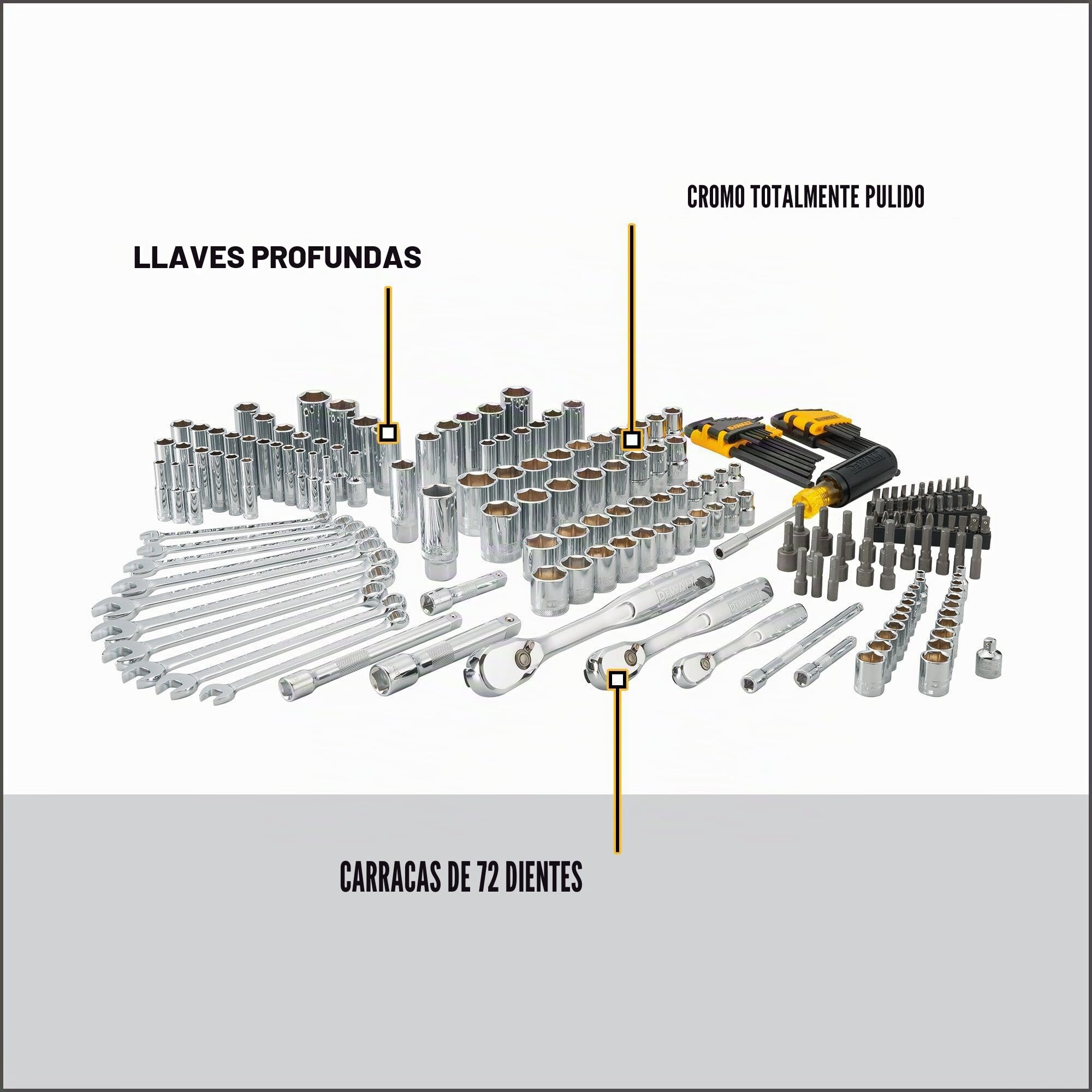 DEWALT Juego de herramientas mecánicas, unidad de 1/4" y 3/8" y 1/2", SAE/métrica, 205 piezas (DWMT81534)