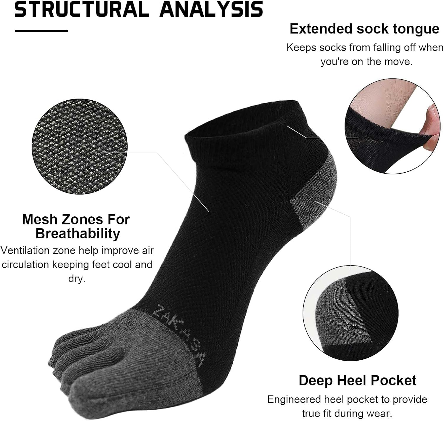 CaiDieNu Toe Socks for Men: Five Finger Cotton Athletic Crew Socks No Show Breathable Running Ankle Socks 5 Pairs Size 8-12 - Image 3