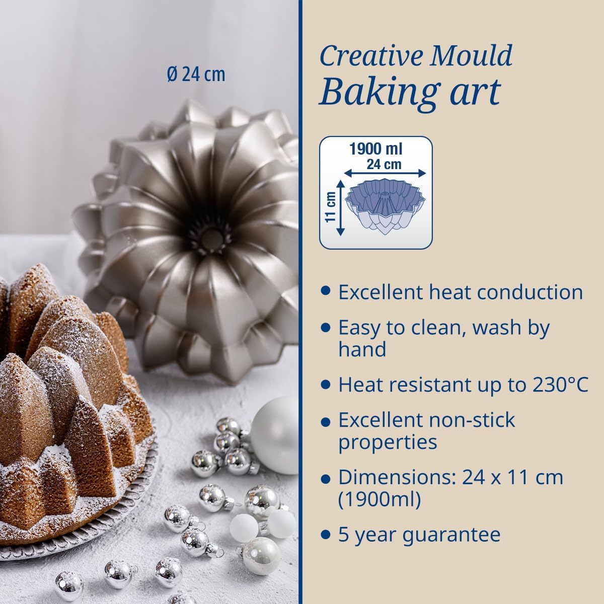 Dr. Oetker Bundt Cake Mould Diameter 22 cm Back Art, Bundt Cake Mould with Non-Stick Coating for Impressive Creations, High-Quality Cake Mould (Colour: Cream Metallic), Quantity: 1 Piece
