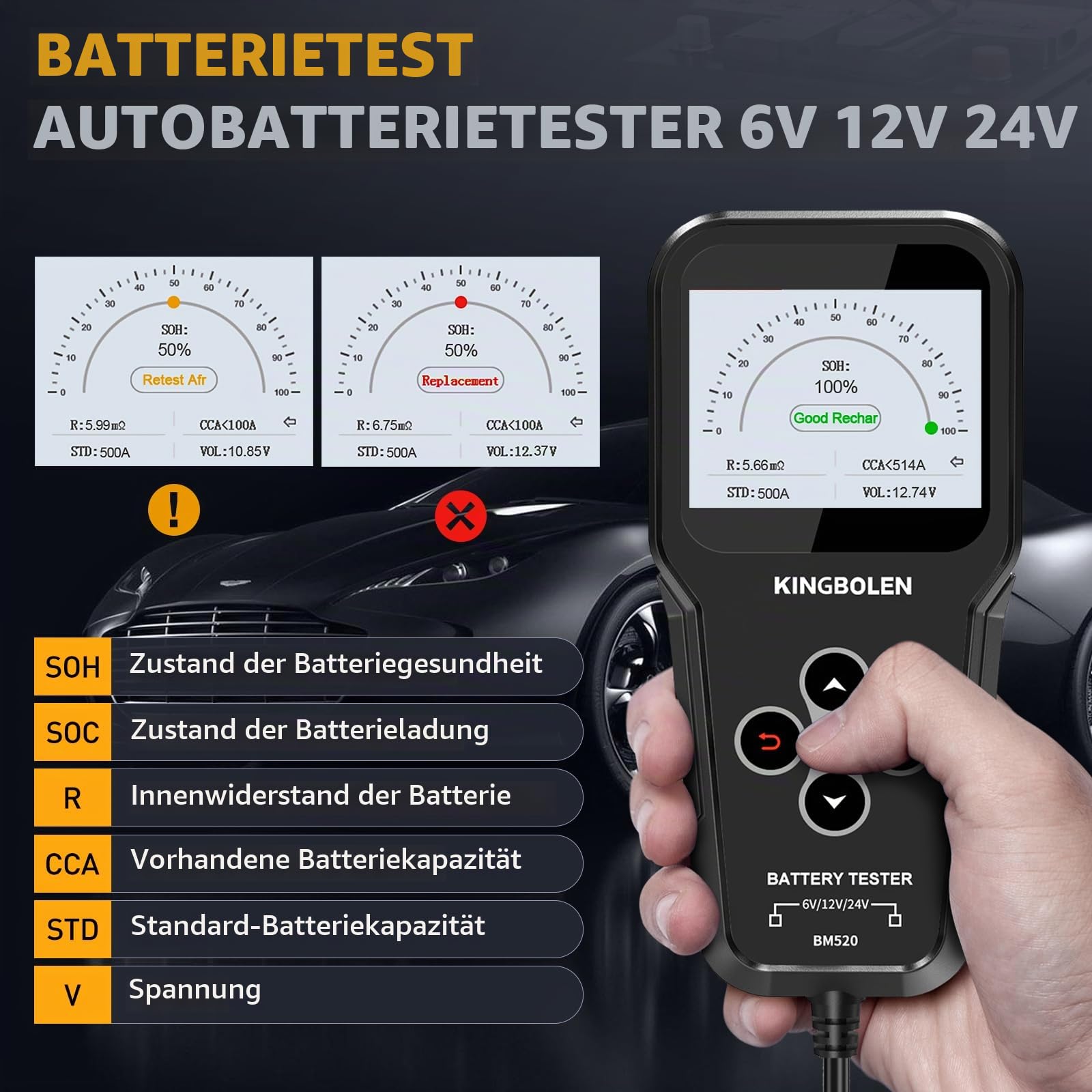 KINGBOLEN BM520 6V/12V/24V Autobatterietester, 100-2000 CCA Batterietester Kfz mit Batteriestatusprüfung Anlasstest Ladetest, Lichtmaschinen Tester für Auto Motorrad ATV SUV LKW Boot