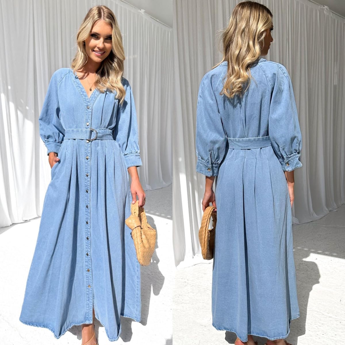 utcoco Womens 2025 Fall Winter Denim Shirt Dress V Neck 3/4 Long Sleeves Button Down Belted Jean Maxi Dresses - Image 2