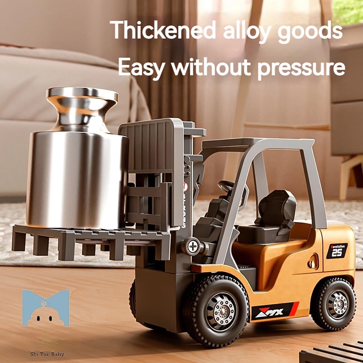 ANTSIR RC Forklift Toy lifting a silver cylindrical object, demonstrating its lifting capability.