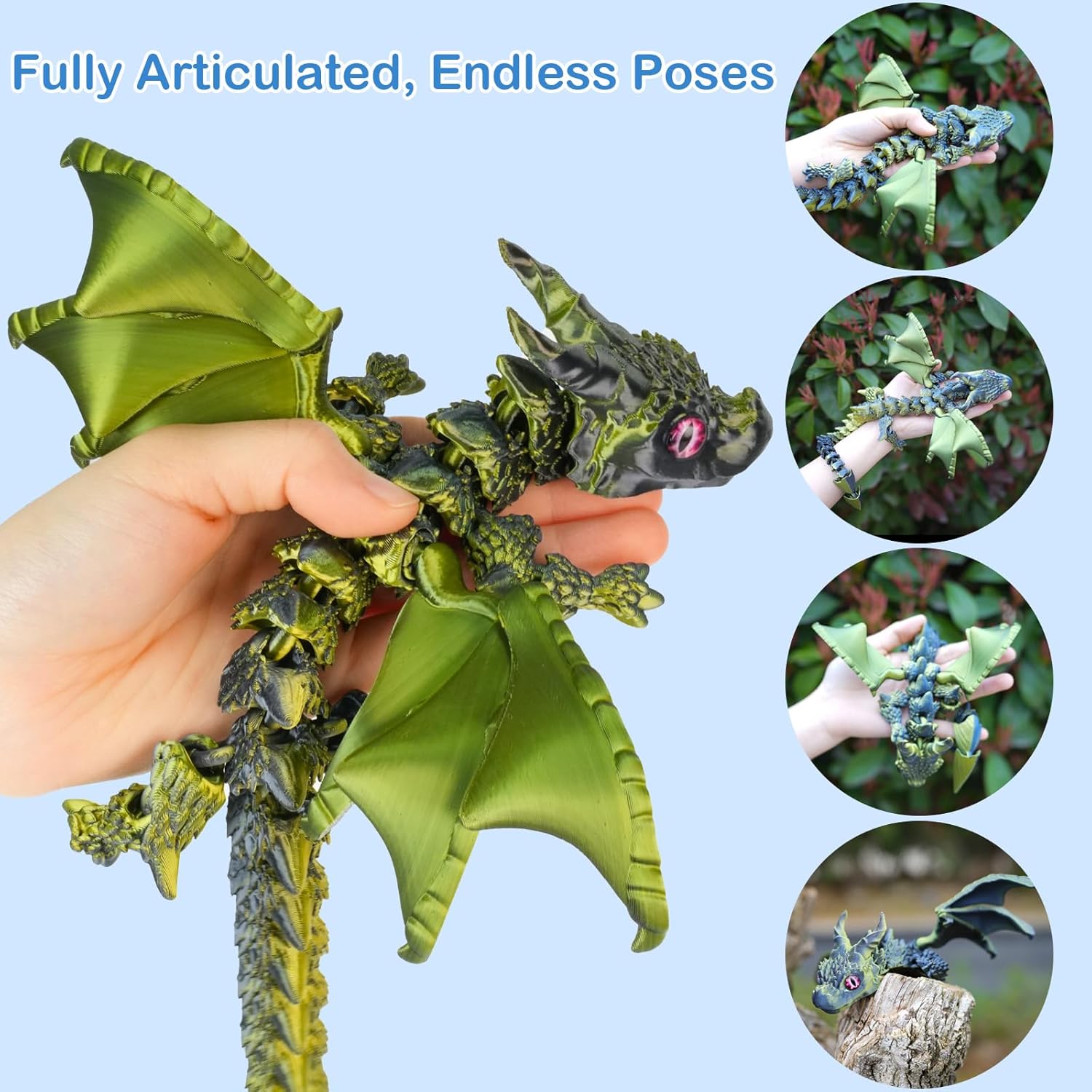 16inch 3D Printed Dragon with Wings,Realistic Eyes, Articulated Wings for Desk Decor, Shelf Display or Surprising Gift(Black Gold)