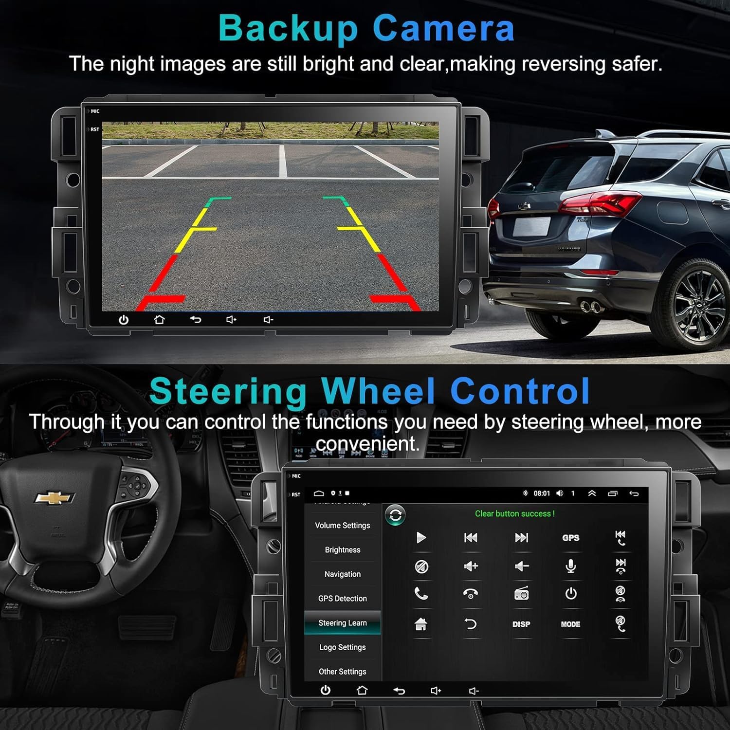 Car stereo screen showing voice control commands, Bluetooth 5.2 connectivity, and a split-screen mode displaying navigation and music simultaneously.
