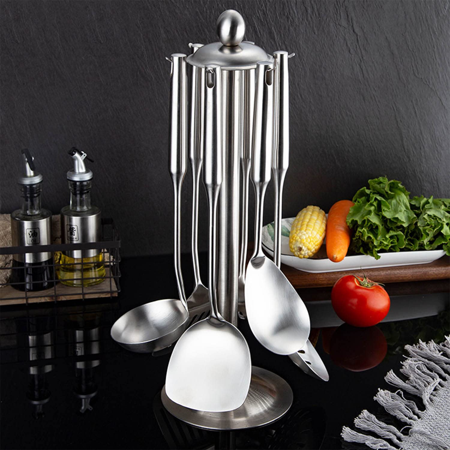 7pcs Ustensiles de Cuisine en Acier Inoxydable Set avec Spatule Porte-Ustensiles Antiadhésif Résistant à la Chaleur Outil de Chef Cadeau, Argent