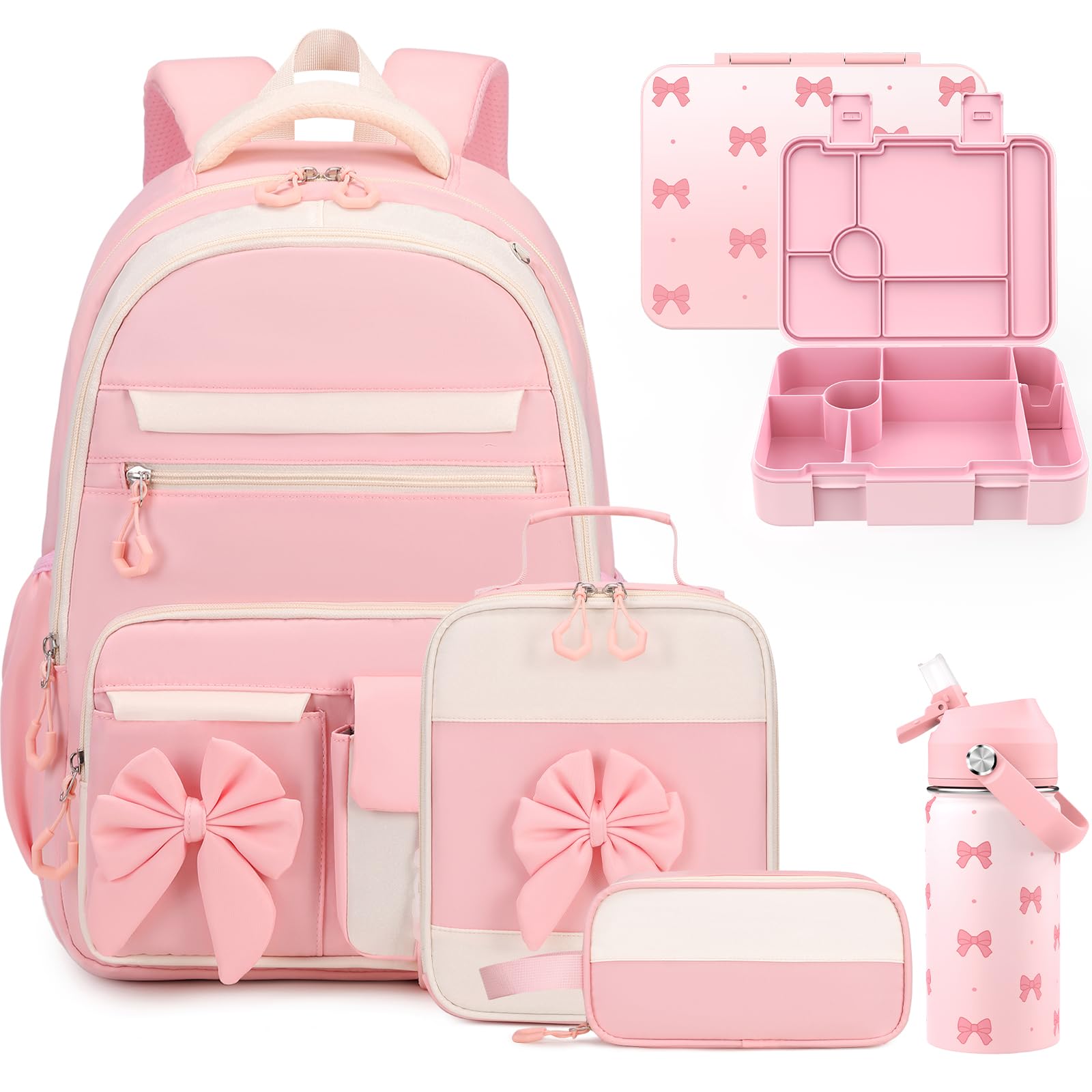DIGOBAY Girls Backpack - Includes 14oz Insulated Water Bottle & Bento Box | 5PCS Kids Girls School Backpack Set with Lunch Bag & Pencil Case, Teens Girls Bookbag for Elementary Preschool Middle School Pink 5pcs Bento Box with Water Bottle