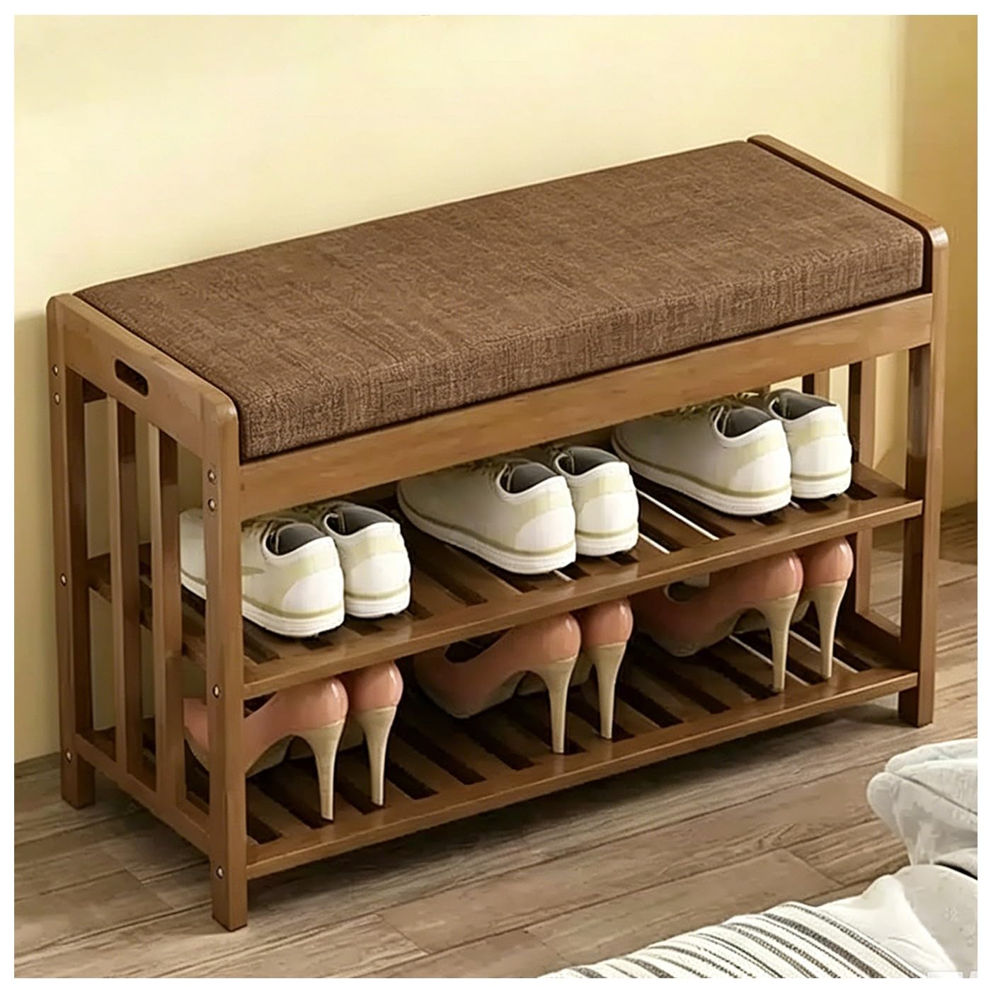 Banc à chaussures entrée avec coussin confort et étagère de rangement ouverte en lin