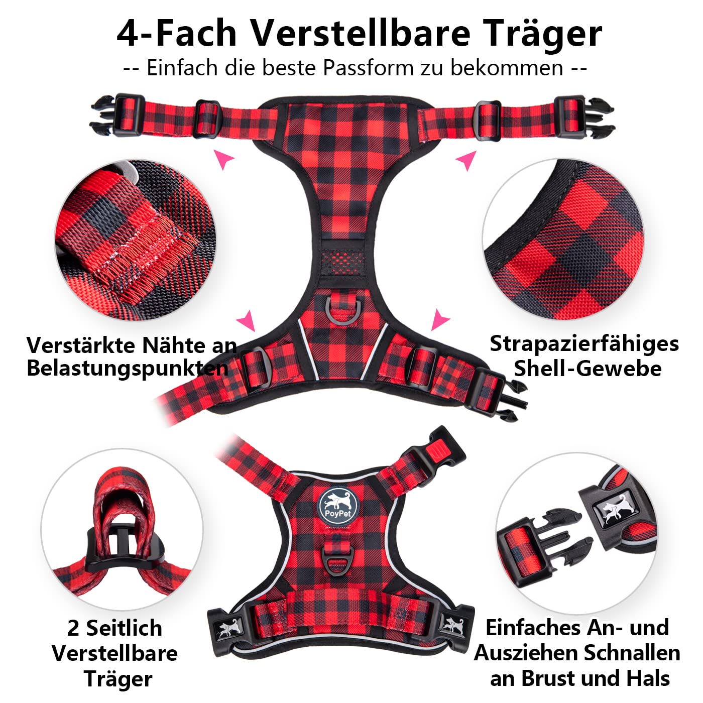PoyPet Imbracatura per cani senza pull anteriore riflettente gilet per cani con facile controllo manico e retro perfetto per l'allenamento quotidiano, camminata, corsa (rosso a quadri, L)
