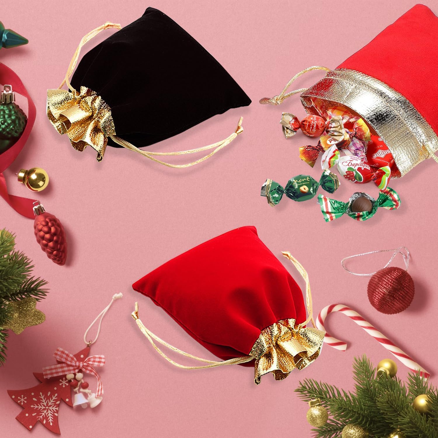 LOSYHU 50 Pack Red Velvet Bags with Drawstrings - 6x5 Inch Jewelry Pouches with Golden Rim Velvet Drawstring Bags for Wedding, Birthday, Party Favor - Image 7