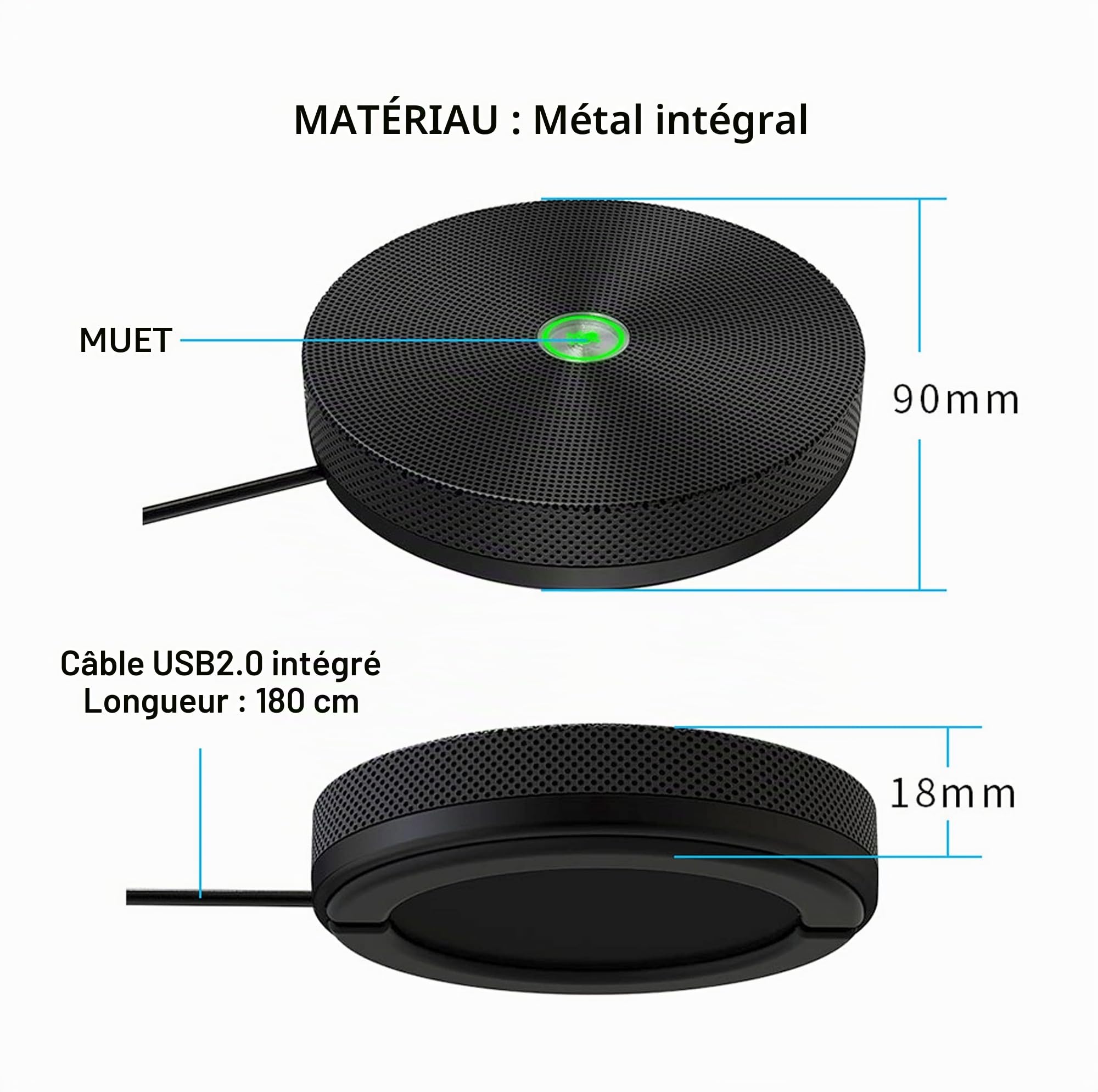 PowerMic Microphone de conférence téléphonique à 360 ° en métal avec Suppression d'écho et de Bruit, pour Salle de réunion ou Bureau de télétravail