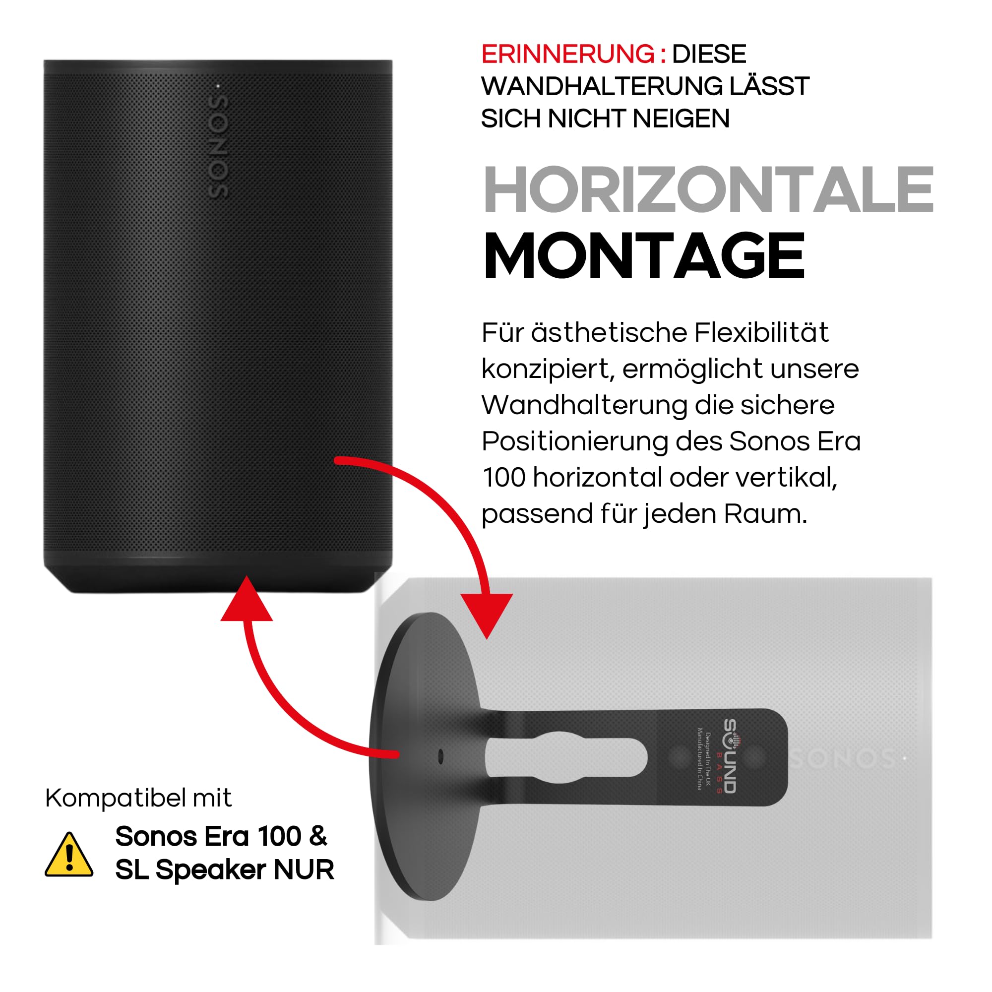 Sound bass ERA 100 Wandhalterung – Low Profile, Schwarz, Einzelstück, Kompatibel mit Sonos ERA100 & ERA 100 SL Lautsprecher, Komplett mit Befestigungsmaterial