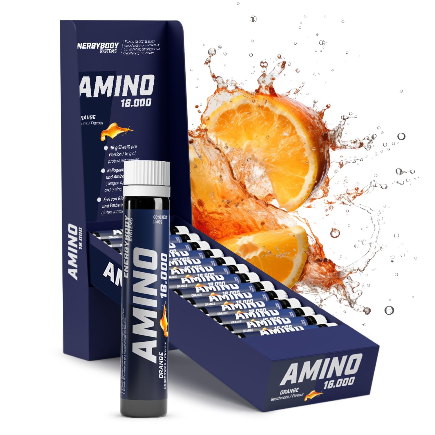 Energybody® Amino Liquid 16.000 - Aminosäuren Komplex Hochdosiert flüssig - 20 Ampullen à 30 ml & 16g Protein mit Arginin & Ornithin, glutenfrei, laktosefrei - Orange