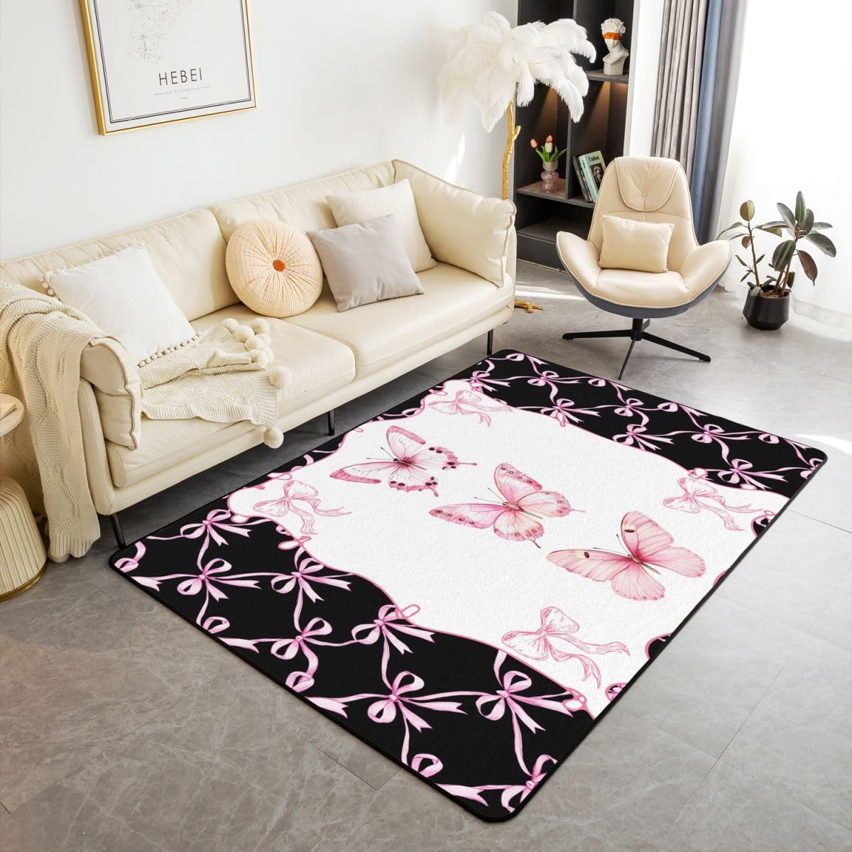 Erosebridal Pink Bow Area Rugs 5x7 for Bedside Kitchen Butterfly Bowknot Washable Rug Cute Bowtie Ribbon Carpet Indoor Floor Mat Coquette Bow Dreamy Kawaii Decorative Accent Rug