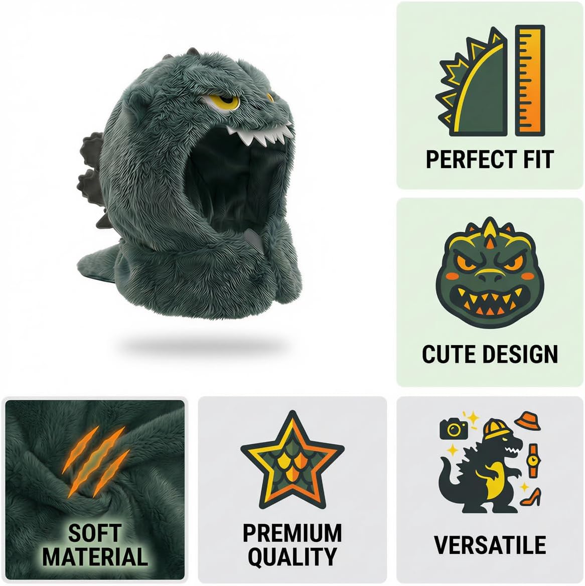 Dinosaur Kaiju Plush Hat, Fits 7.8 Inch Dolls and Small Pets, Soft Gray Monster Headgear Costume Accessory, Cats and Dogs Doll Dress Up(Grey)