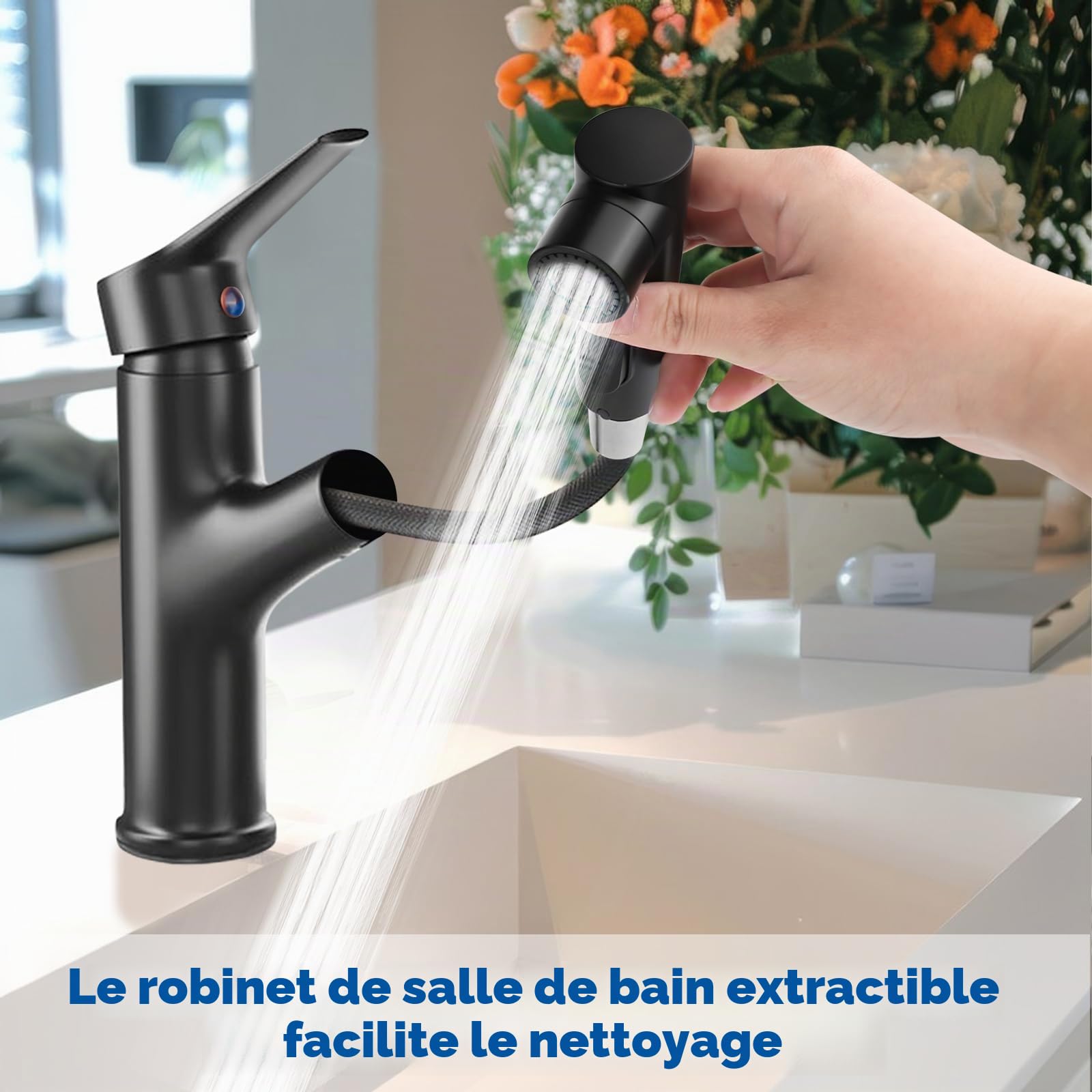 Robinet de salle de bain avec douchette extensible, haute pression, mitigeur monocommande avec 3 types de jet, mitigeur chaud et froid, robinet de lavabo pour salle de bain, noir