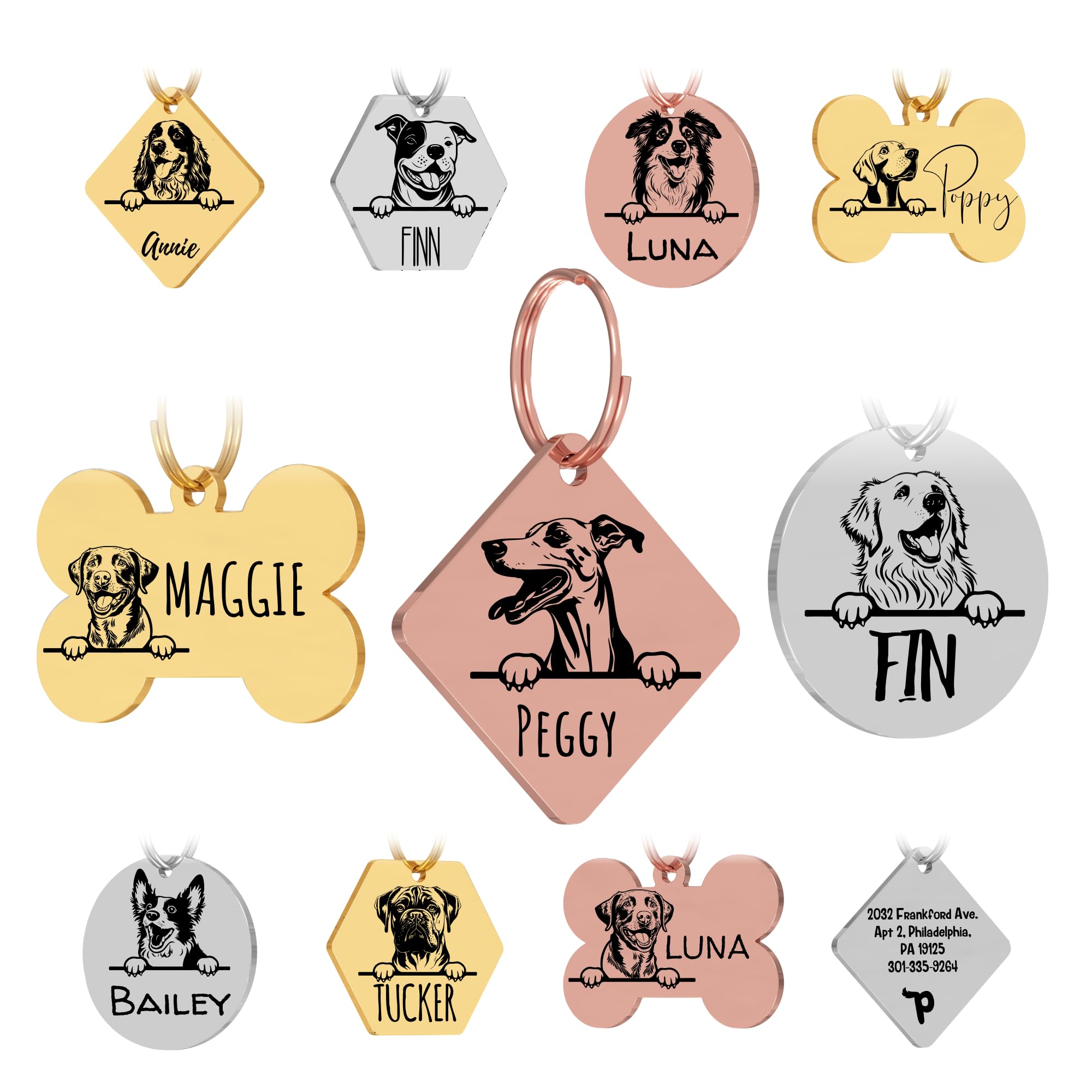 PawFurEver Personalized Pet Name Tag for Dog | Customized Dog Tags Engraved for Pets Front & Back - Stainless Steel, Dark Etching Pet ID Tag Dog Tags Made in USA (Diamond, Rose Gold)