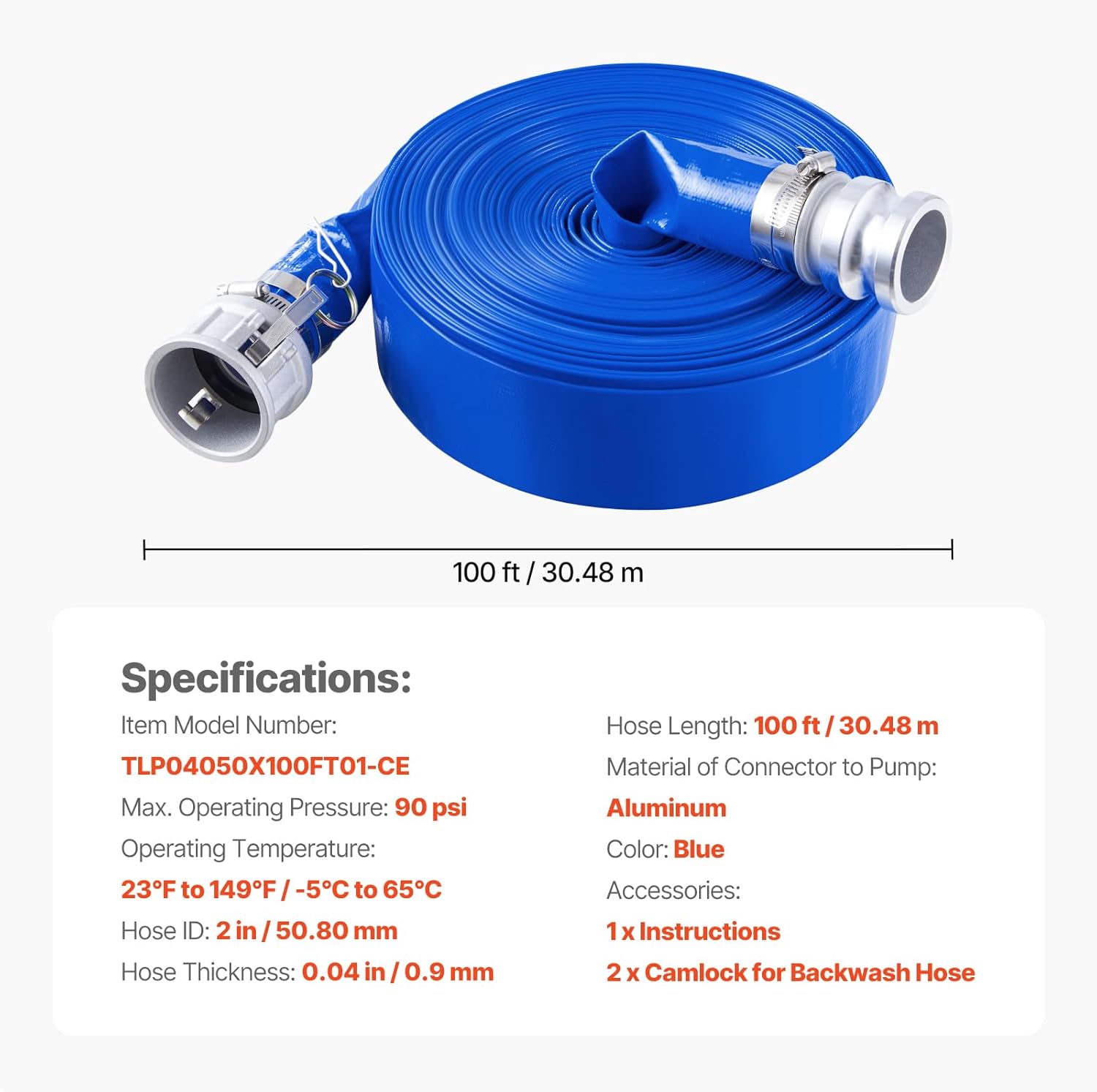 VEVOR Backwash Hose, 2 in x 100 ft, Blue PVC Hose, with Clamps, Camlock, Aluminum Fittings, Fit Various Pumps, for Sewage Treatment, Water Transportation and More Agricultural Purposes