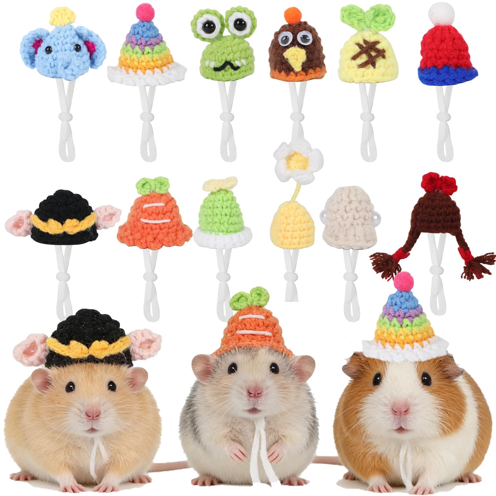 Photo 1 of 12 Pcs Hamster Hats with Adjustable Strap Mini Hand Knitted Hats for Dolls Small Stuffed Animals Goose Snakes Guinea Pig Lizards Bearded Dragons Bunny Holiday Party Costume Accessories