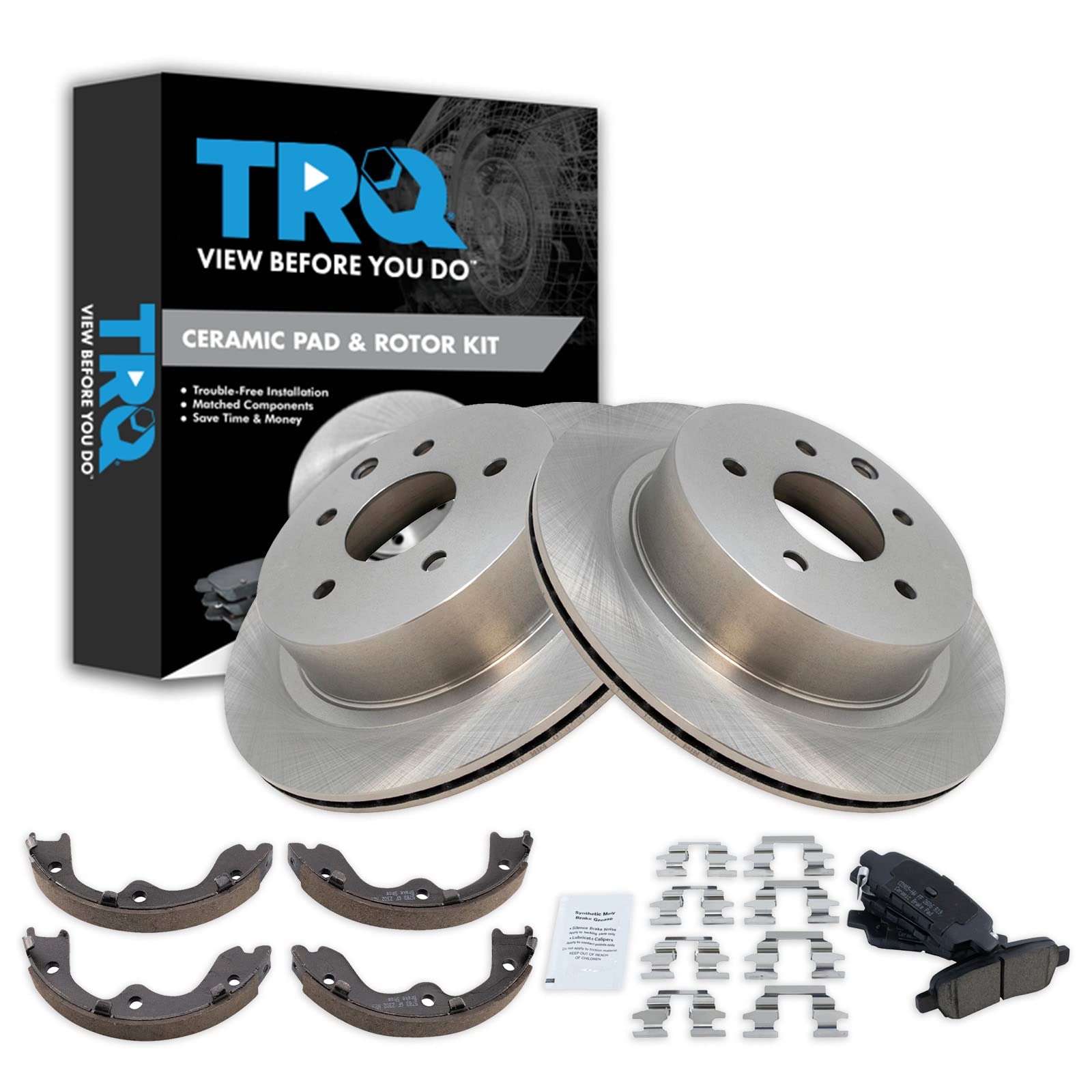 TRQ Rear Brake Pad and Rotor Set Ceramic Parking Shoe Compatible with 2003-2005 Infiniti G35 350Z