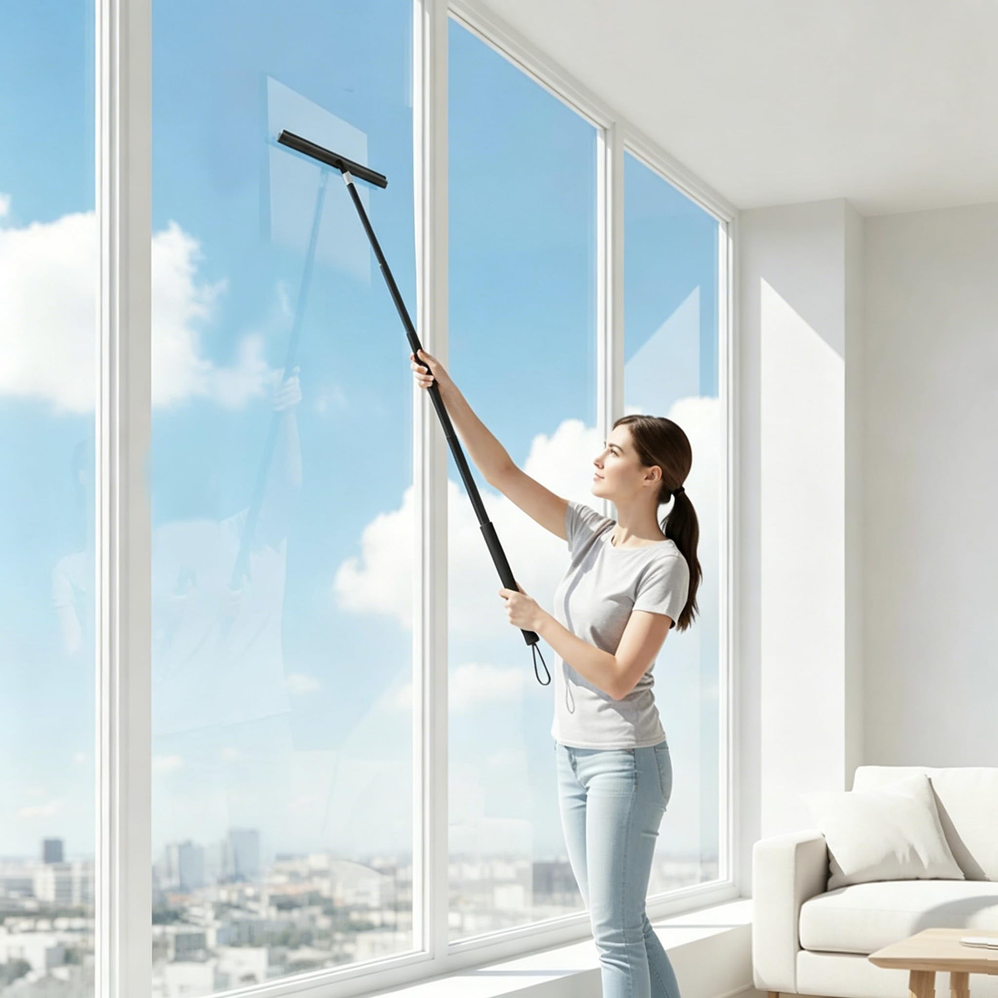 Limpiacristales 2 en 1 – 32 cm de ancho para ventanas, azulejos, espejos y suelos, con borde de silicona, paño de microfibra y mango antideslizante, extensible hasta 140 cm