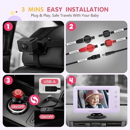 Miniatura 7 de Cámara de coche para bebé con visión nocturna Gen2, monitor de coche de bebé HD 1080P IPS de 5 pulgadas con zoom 3X, cámara de asiento trasero,