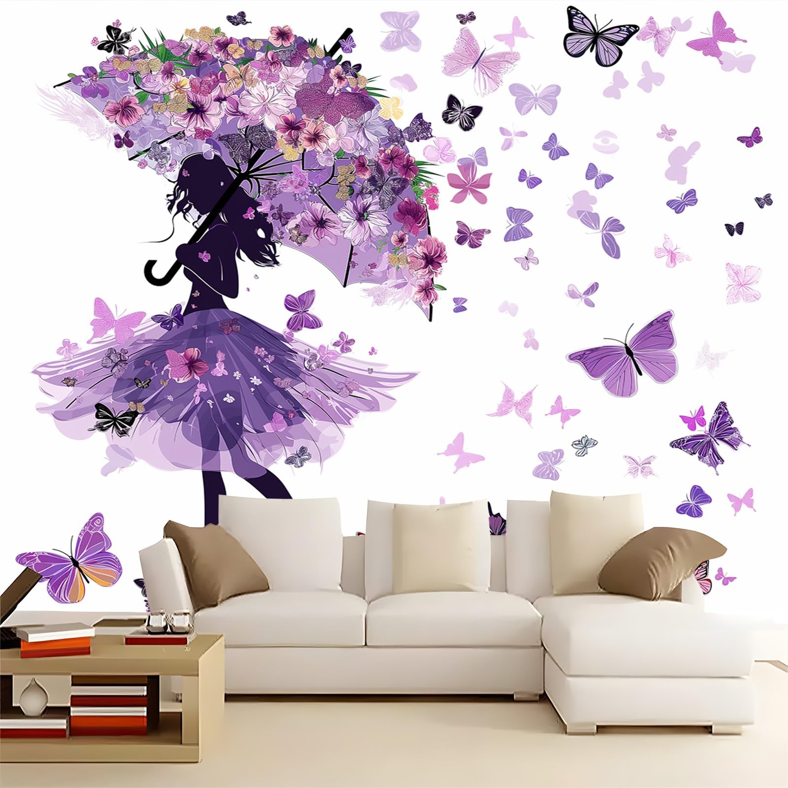Samoprzylepna tapeta, piękna dziewczyna motyl sztuka ścienna naklejki na meble sypialnia salon 250 x 175 cm fioletowa tapeta ścienna zdjęcie dzieci plakat DIY dekoracja