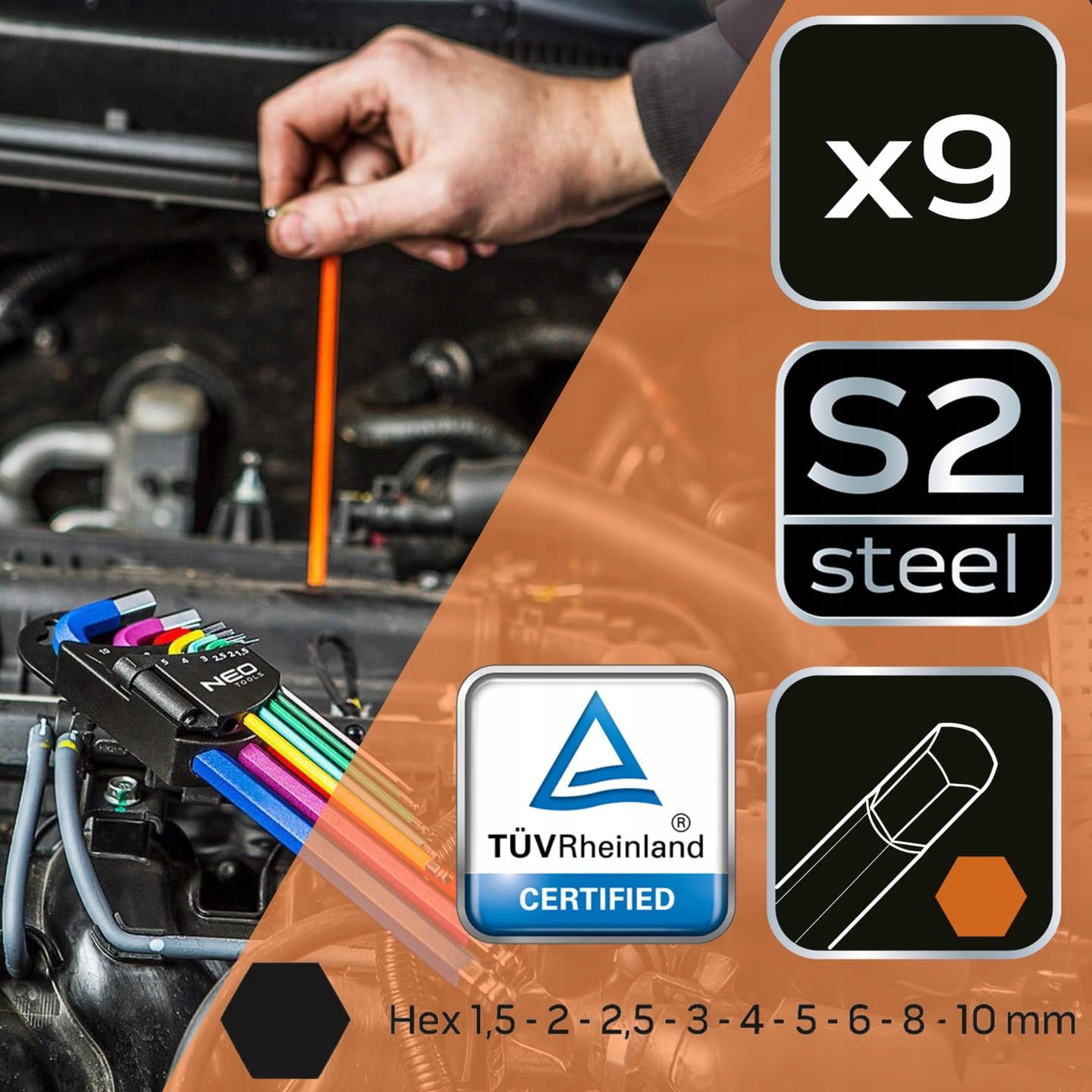 NEO TOOLS Innensechskant Satz 18tlg | Torx T10 -T50 und Hex 1,5 mm - 10 mm | Multicolour Innensechskant aus S2 Stahl | Lang Winkelschlüsselsatz mit Kugelkopf - Set in Kunststoffclip