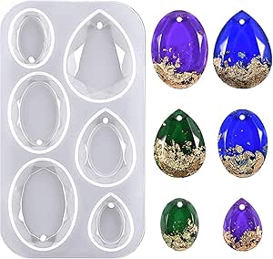 Waterdrop and Oval Resin Jewelry Molds,6 Cavities Silicone Pendant Molds for Resin Epoxy,Resin Casting Molds with Hanging Hole for DIY Gem Cabochon Pendant, Earring, Necklace Jewelry Making
