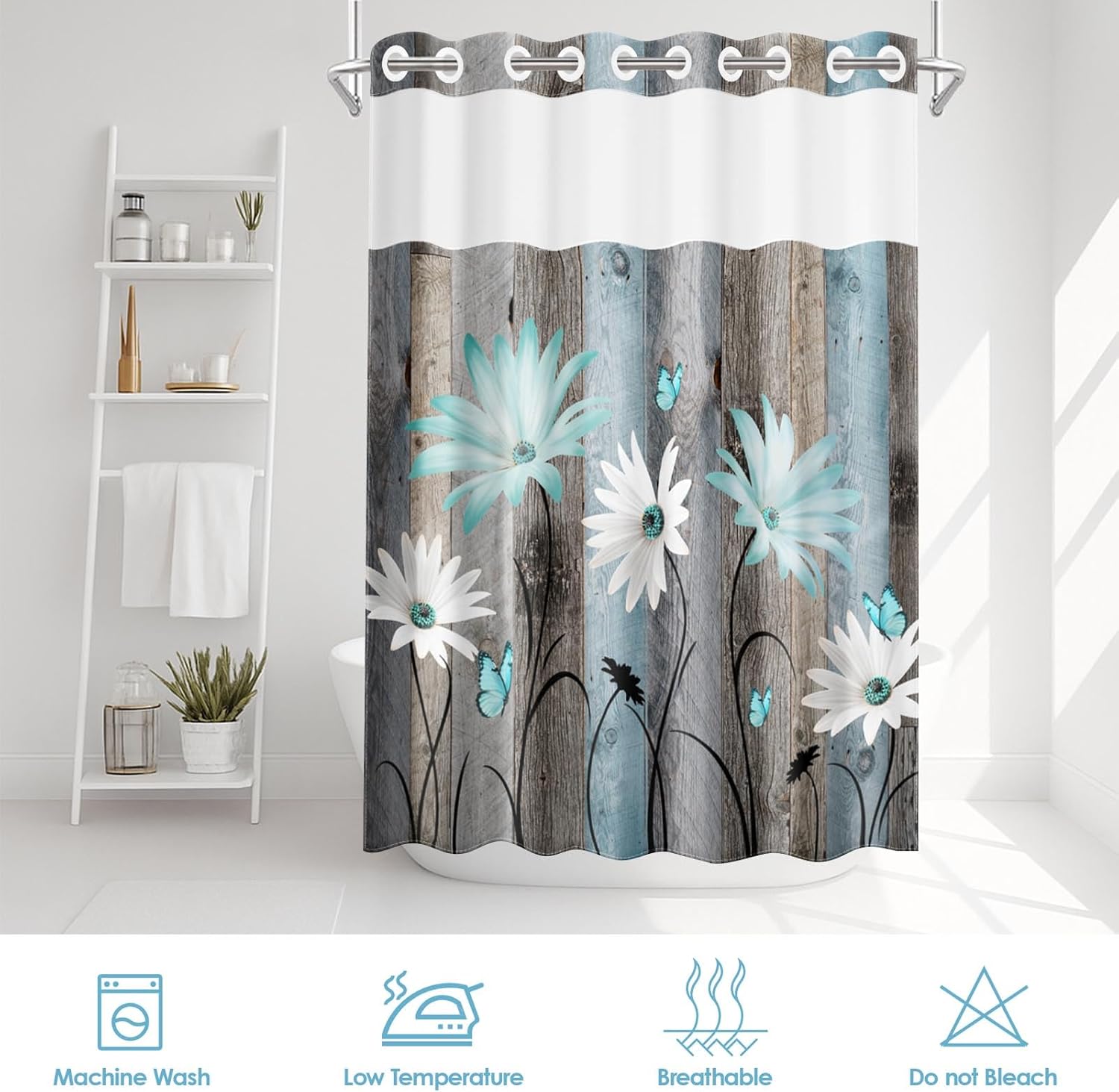 No Hook Rustic Farmhouse Shower Curtain with Snap in Fabric Liner Set, Teal Daisy Flowers and Butterfly on Wooden Double Layers Waterproof with See Through Top Bath Curtain 71x74 Inch