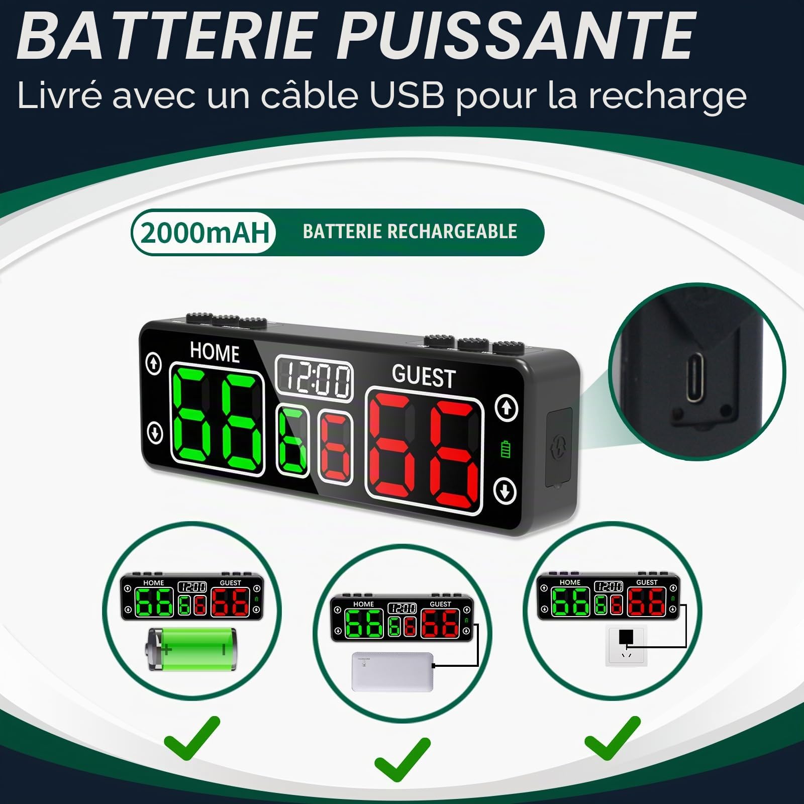 YZ Tableau de score numérique amélioré avec compte à rebours, tableau d'affichage portable à LED magnétique, tableau de score sans fil, alimenté par piles, tableau de score électronique pour