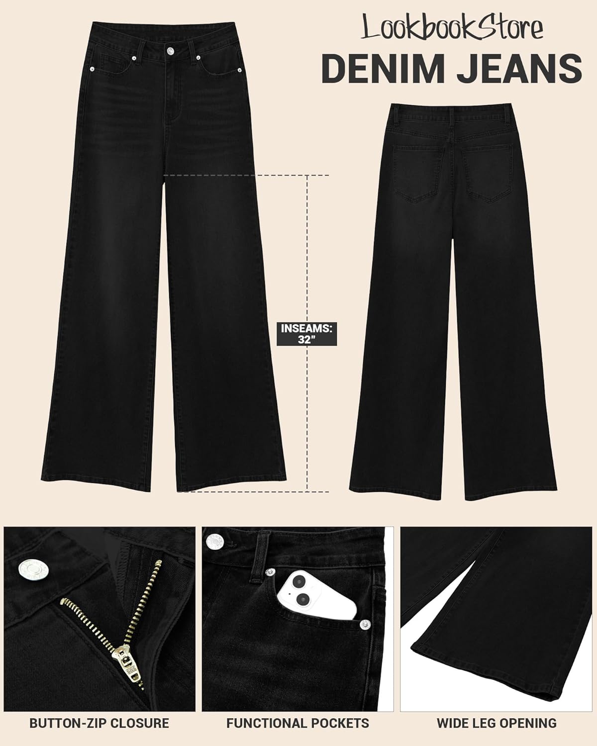 LookbookStore Wide Leg Jeans for Women High Waisted Stretchy Denim Jeans Fashion Baggy Trouser Jean Pants with Pockets