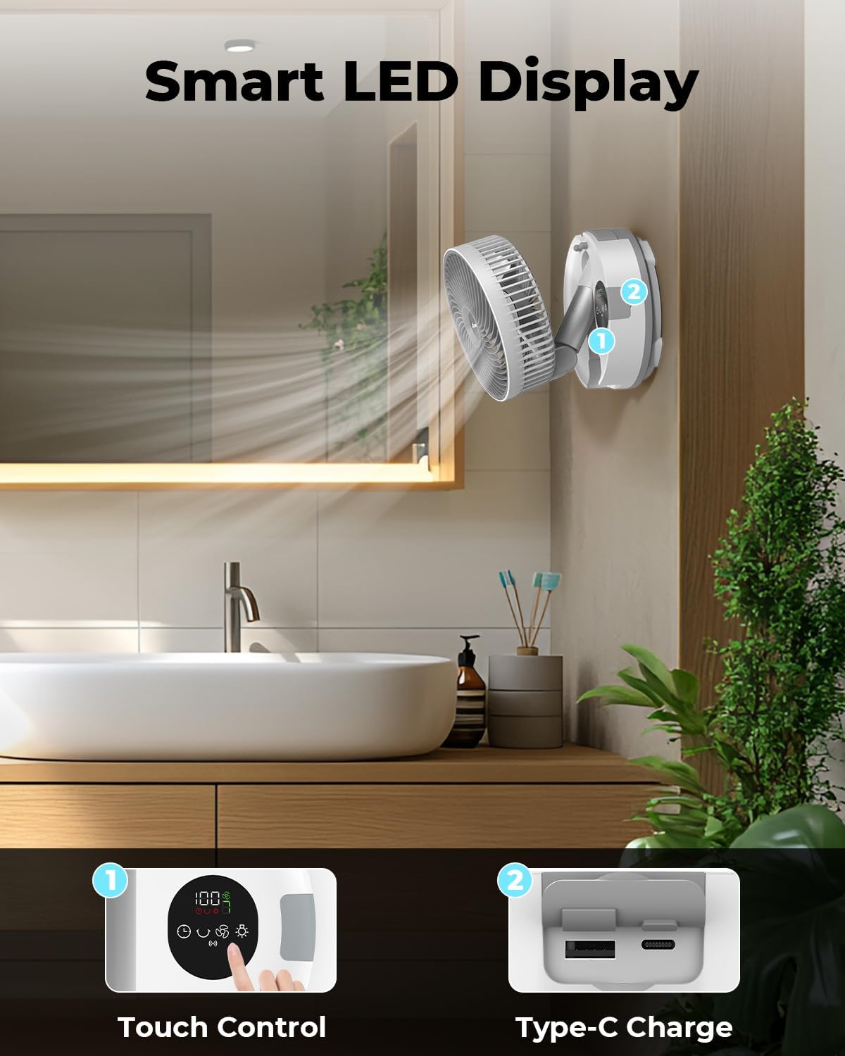 AMACOOL 8'' Non-Drilling Wall Mount Fan with Remote, 10000mAh Rechargeable, Quiet 9 Speeds, 90° Oscillation & Tilt, Smart LED Display with Timer, Portable Fan for Bathroom Bedroom RV Kitchen (White)