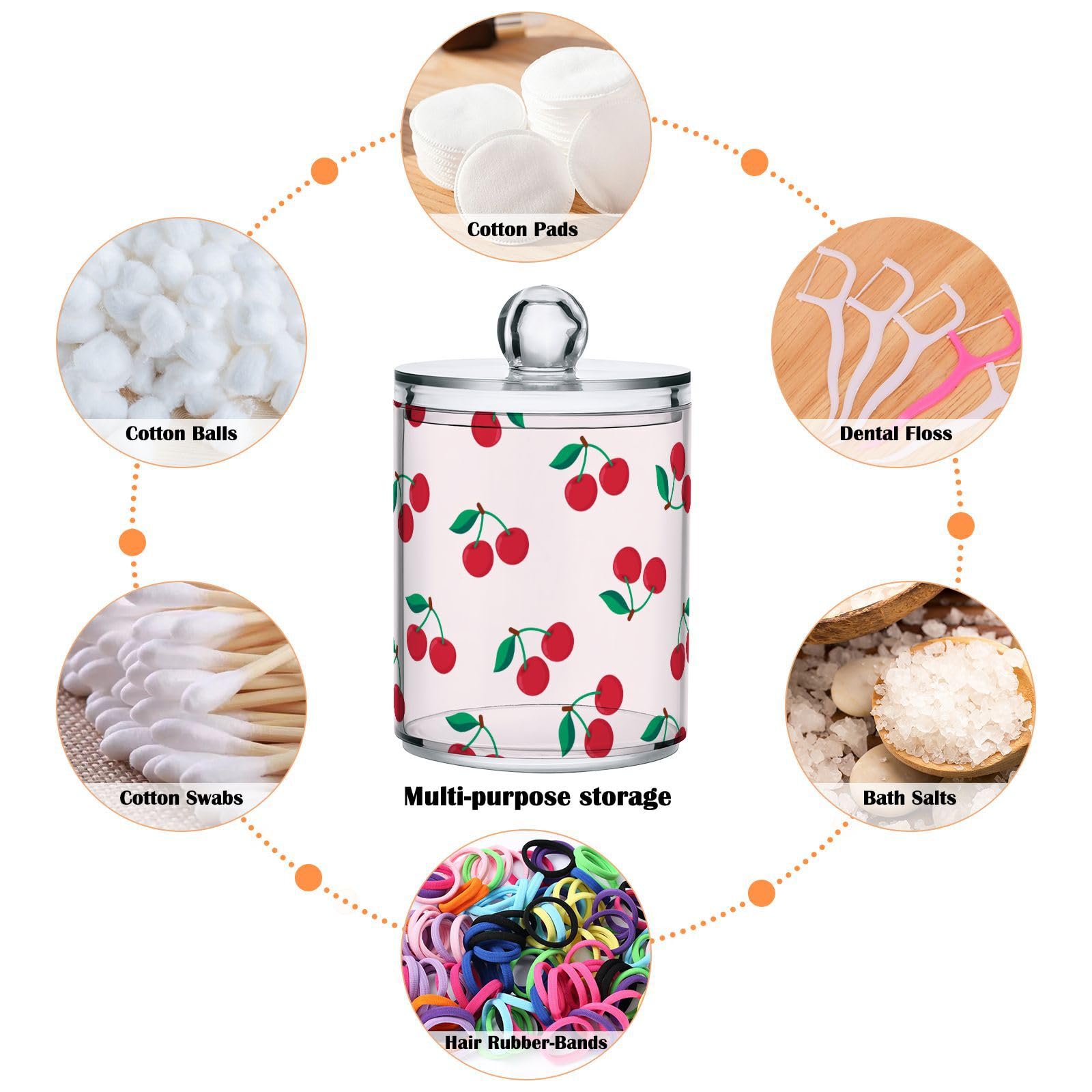 Cherry Print - Dispensador de 2 soportes para hisopos de algodón, bolas de algodón, almohadillas, hilo dental, juego de tarros de boticario de plástico de 10 onzas con tapa, organizador de