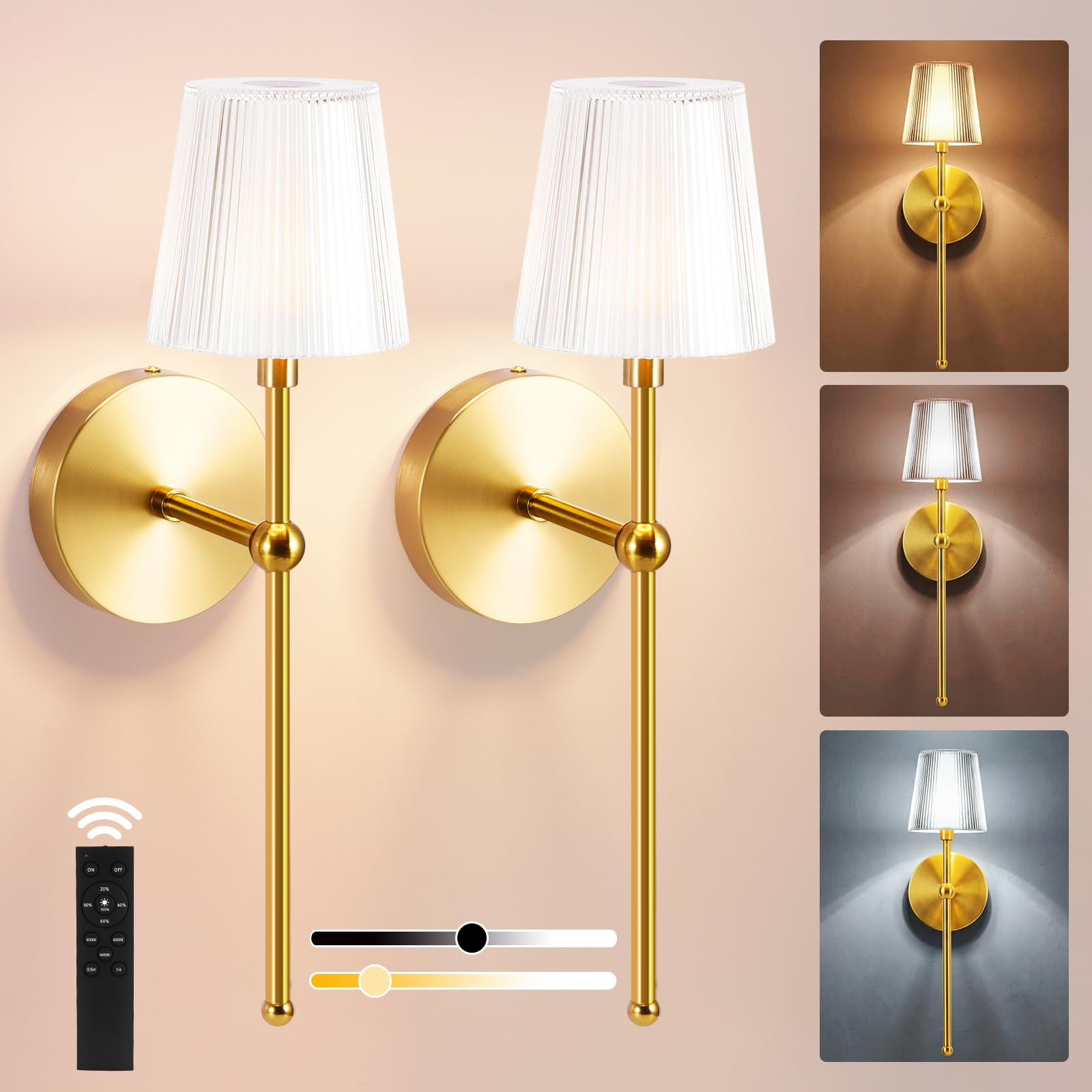 Battery Operated Wall Lights Set of 2, 5000mAh Rechargeable Wall Light Indoor with Remote, 3 Color Dimmable Wireless Wall Sconces Lights, No Drilling Indoor Wall Light for Living Room,Bedroom,Hallway