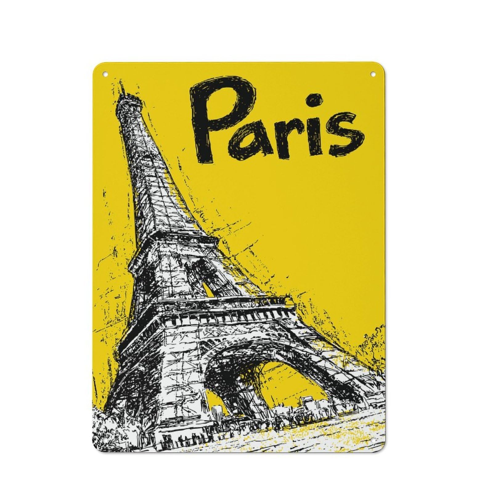Junmoney Eiffel Tower Paris Yellow Sketch Printed Metal Sign 40X30cm For Home Office Or Studio, For Winter Room Styling In Home Office And Studio
